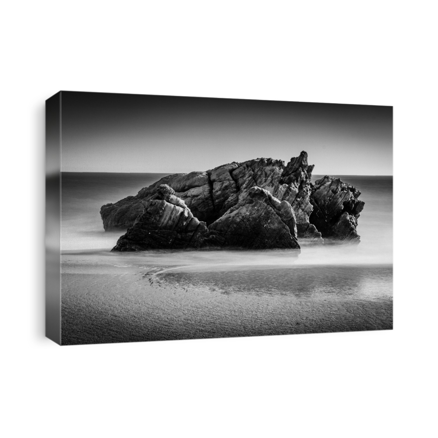 Long exposure black and white image of a rock formation in Malibu, California
