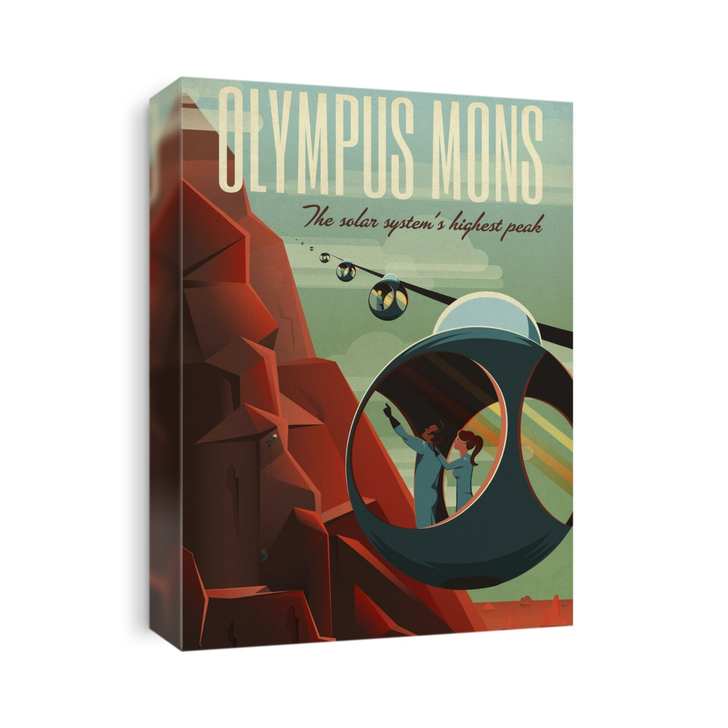 Martian tourism poster. Poster promoting tours of Olympus Mons, a shield volcano on Mars and the tallest mountain in the known Solar System. Ice lies on its upper slopes that tower 24 kilometres above the surrounding plain. This artwork was published in 2015 by SpaceX (Space Exploration Technologies), a private US aerospace and space transport services company. It was founded in 2002 and has developed the Falcon rockets and the Dragon spacecraft. Future plans include crewed flights to Mars.