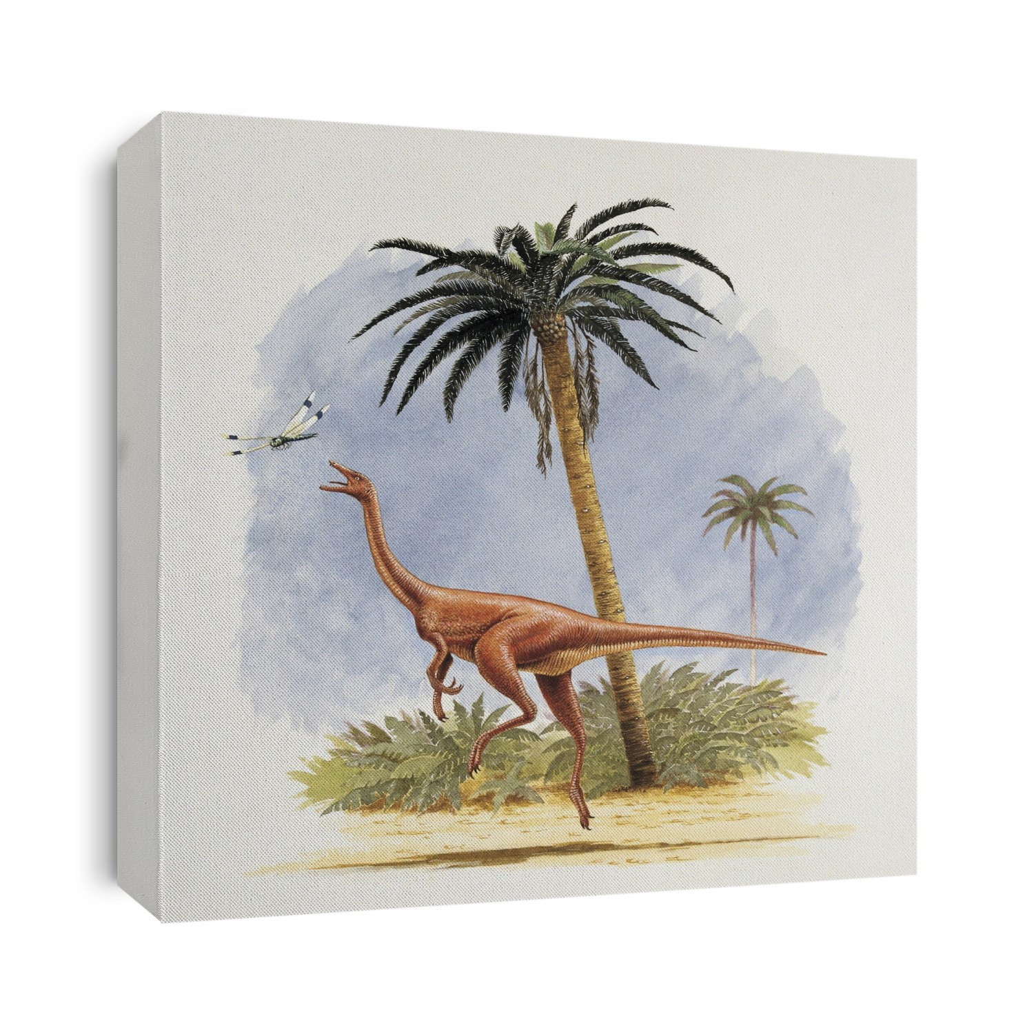 Side profile of a dinosaur chasing a fly. Harpymimus.