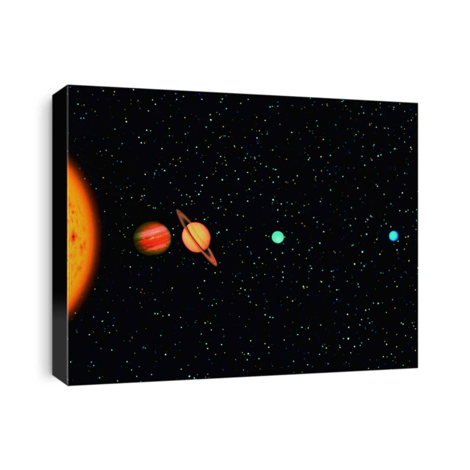 The outer Solar System. Computer composite image of the four 'gas giant' planets of the outer solar system, shown in their relative sizes and (at a different scale) their relative mean orbital distances. The planets are (left to right): Jupiter, Saturn, Uranus and Neptune. A representation of the Sun is at far left. The outermost planet, Pluto, is too small to be shown at this scale. The 'Gas Giants' appear to lack defined, solid 'surfaces', although the gases from which they are made may form liquid and solid phases in the intense pressures closer to their cores. Most of the planetary images come from data gathered by NASA's Voyager spacecraft.