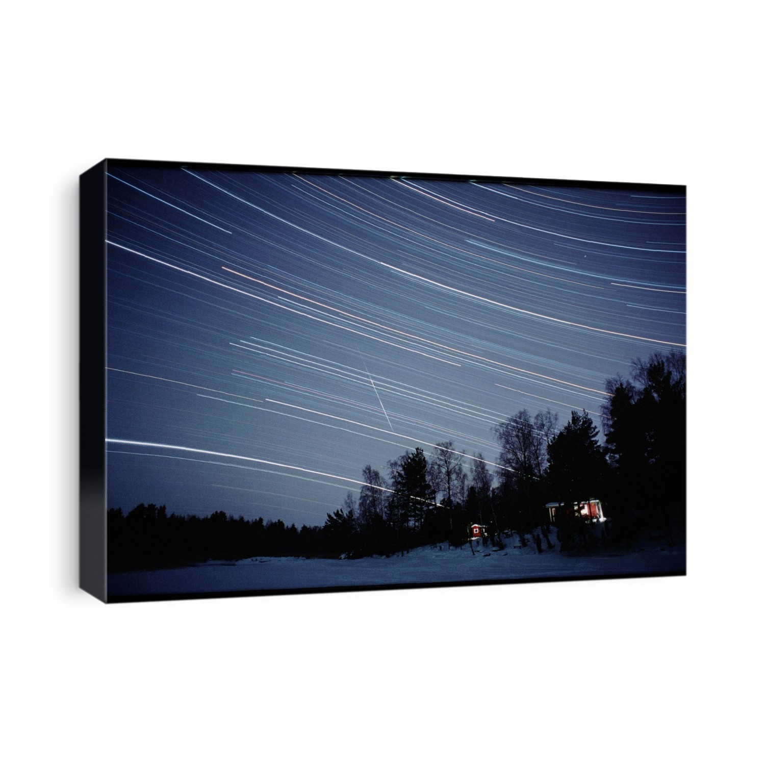 Meteor track. Time-exposure image of a night sky over trees showing a meteor track (a falling or shooting star) among many star trails. The meteor track is seen at lower centre, falling in a vertical plane. Falling stars are caused by tiny dust grains which enter Earth's atmosphere at speeds between 35 and 95 km/s; the air resistance incandesces the particles making them visible as streaks of light. By contrast, star trails are made by the movement of the stars through the sky as the Earth rotates. Different colours of the star trails reveal the variety of colours of the stars and their distances from the Earth.
