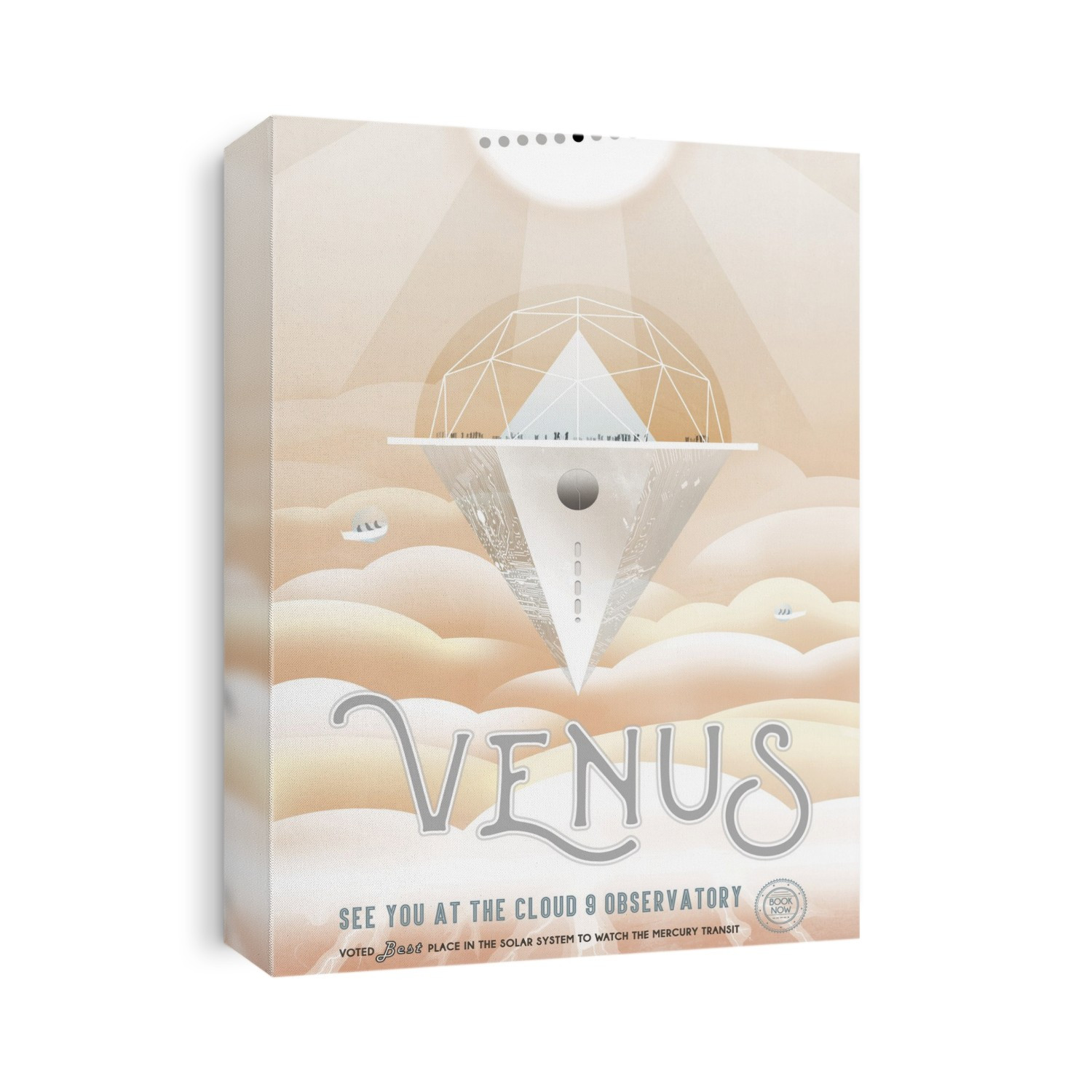 Venus space tourism poster. Fictional promotional poster showing space tourists observing Mercury's transit across the Sun from a floating observatory on Venus. Visitors in the observatory are protected from the sulphuric acid clouds and high temperatures and pressures which prevail on the planet. The Morse code for the number 9 is written on the side of the craft.