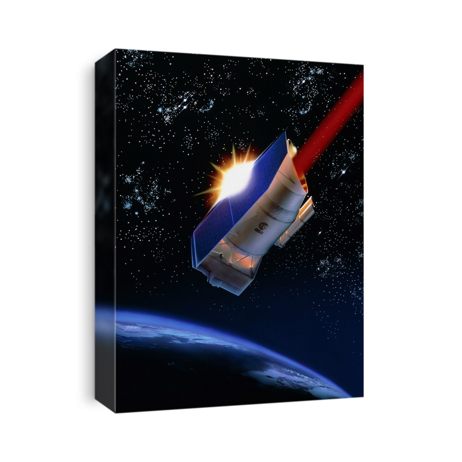Artist's impression of the Infrared Space Observatory (ISO) in orbit over the Earth. Due for launch in September 1995, ISO will have a 60cm diameter Cassegrain telescope & a variety of infrared detectors, including a camera, an imaging photopolarimeter & 2 spectrometers. ISO will study ordinary & active galaxies, quasars, the birth of stars, & the infrared continuum. Developed by the European Space Agency (ESA), ISO will be 5.3m tall & 2.8m wide, It will weigh 2400 kg at lift-off. Superfluid helium will keep the telescope and instruments at temperatures of 2K-4K during ISO's expected lifetime of 18 months.