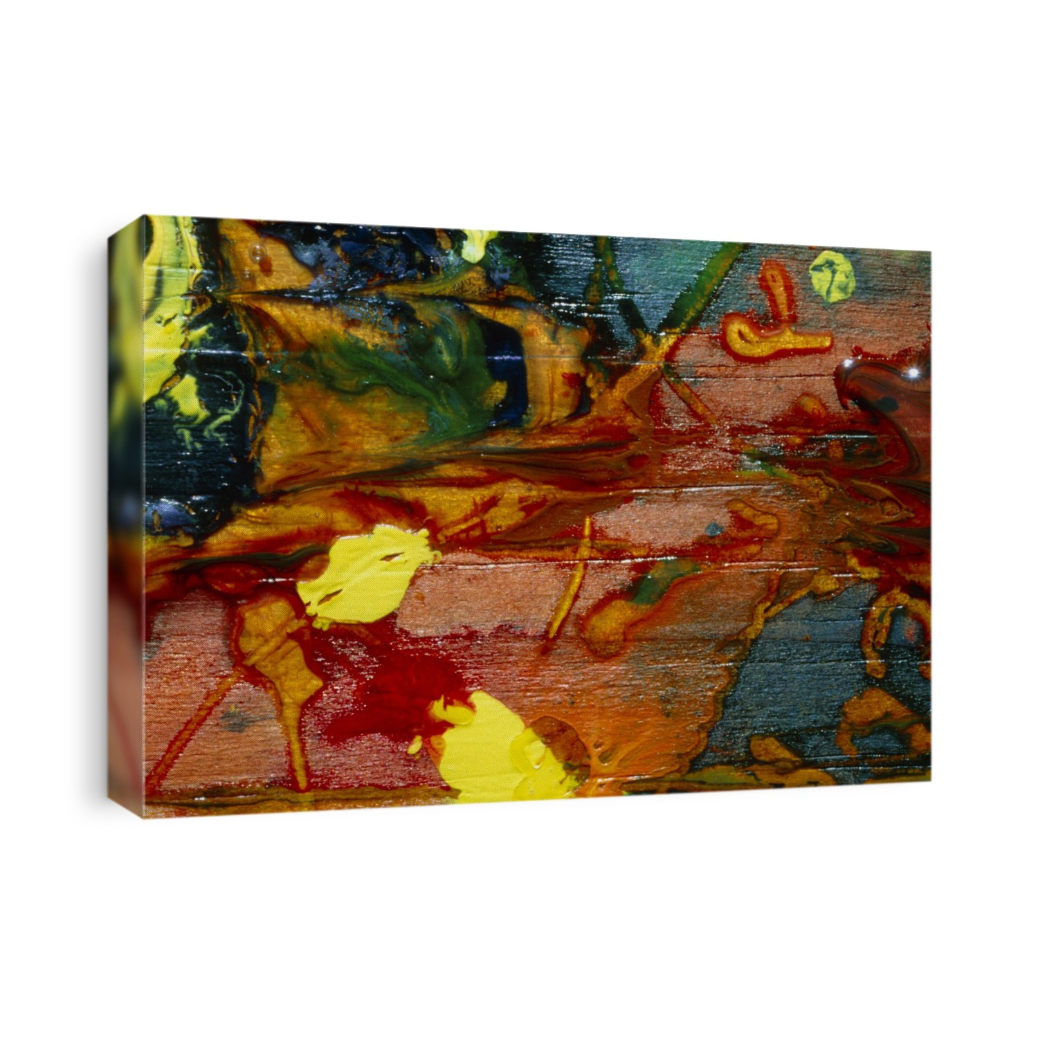 Abstract pattern of acrylic paint on a painted wooden surface.