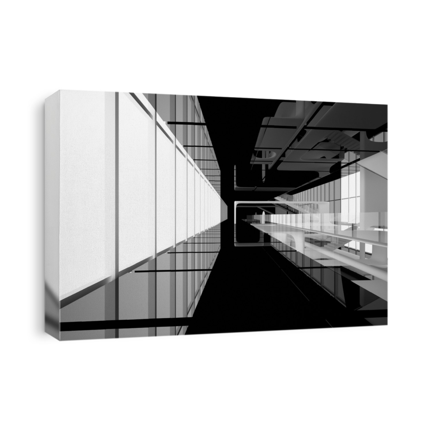Abstract dynamic interior with white smooth objects and black room . 3D illustration and rendering