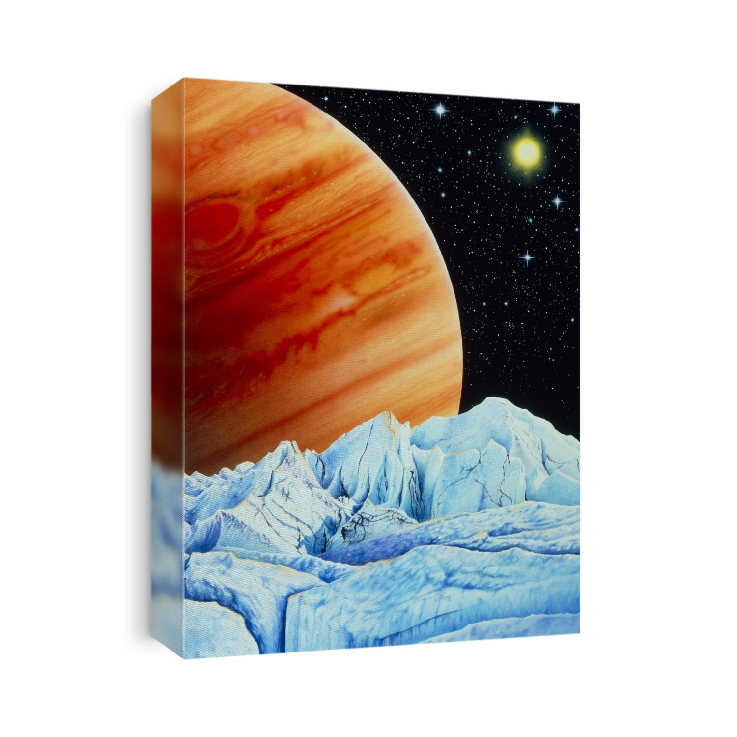 Europa's surface. Artwork of the surface of Europa, smallest of the four main (Galilean) moons of Jupiter (appearing at upper left). Europa's surface is covered in ice which is cracked and piled in a similar way to ice floes on the Earth's polar oceans. These formations have led scientists to suspect that there is, or was, a body of liquid water under the ice cap. This water may harbour life forms. Unlike its moon, Jupiter is mainly made of hydrogen and helium gas. Europa has a diameter of 3,100 kilometres (km) and its mass is two-thirds that of our Moon. It orbits Jupiter every 3 days, 13 hours, 14 minutes at a distance of 671,000 km, about twice the Earth-Moon distance.