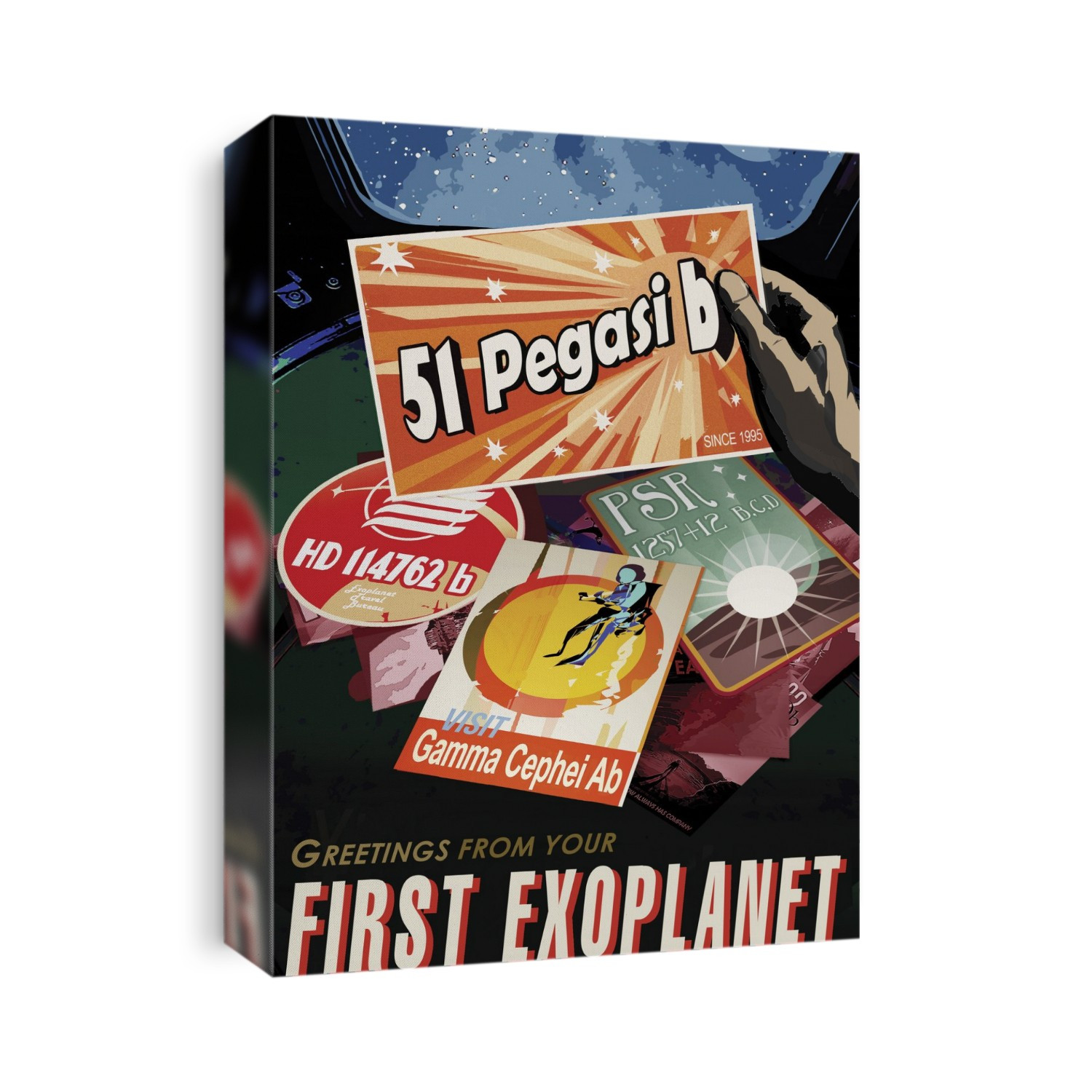 Postcards from exoplanets. Poster promoting visits to exoplanets, worlds beyond our solar system. In 1995, scientists discovered 51 Pegasi b, an exoplanet is about half the mass of Jupiter, the first planet confirmed to orbit a sun-like star, approximately 50 light-years away in the constellation of Pegasus. Gamma Cephei Ab, HD 114762 b, and PSR B1257+12 B, C and D are extrasolar planets which have also been confirmed. Powerful observatories like NASA's Kepler space telescope continue the hunt for distant planets.