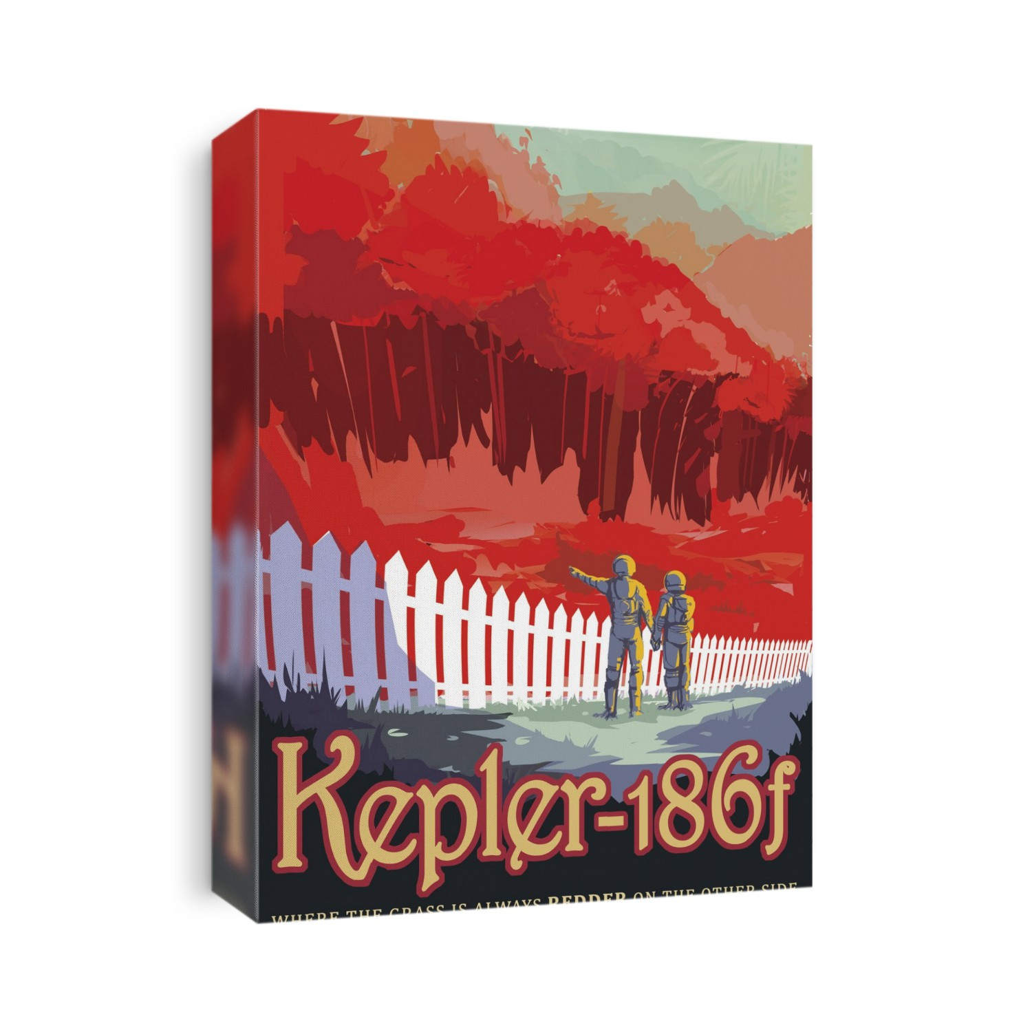 Space tourism. Futuristic space tourism poster advertising the delights of Kepler-186f. Kepler-186f is the first Earth-sized planet to be found in another star's habitable zone, a region around a star where the surface temperature of a planet is suitable for liquid water. The planet, which is ten per cent larger than Earth, is found in the Kepler-186 system, approximately 500 light years from Earth in the constellation Cygnus. Its composition and mass are not known, but it is thought to be a rocky planet. Vegetation is depicted in red. Plant life might exhibit different colours on planets around other stars, depending on the star's spectrum of light.