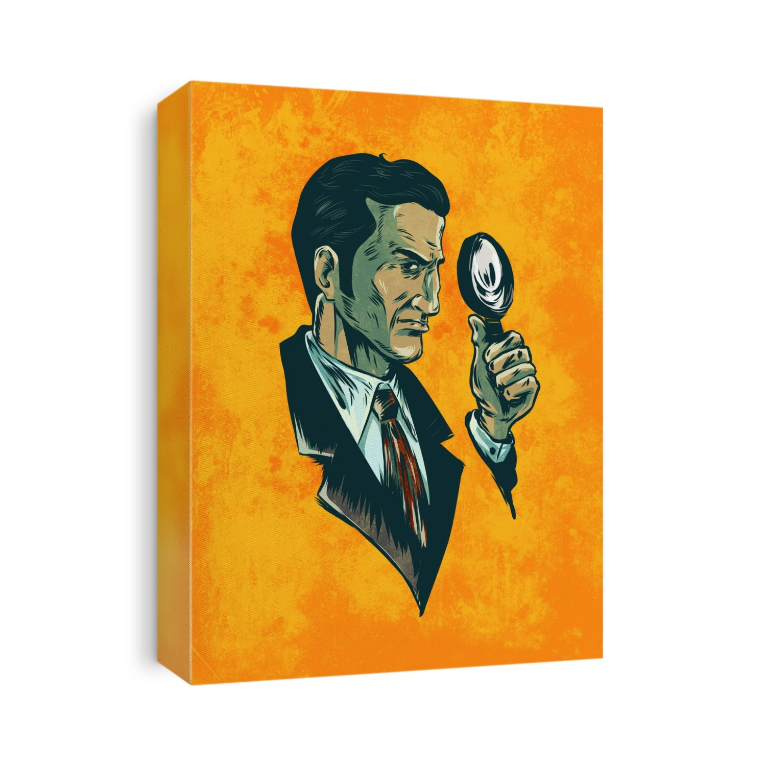 Illustration of man with magnifying glass representing spy agent over orange background.