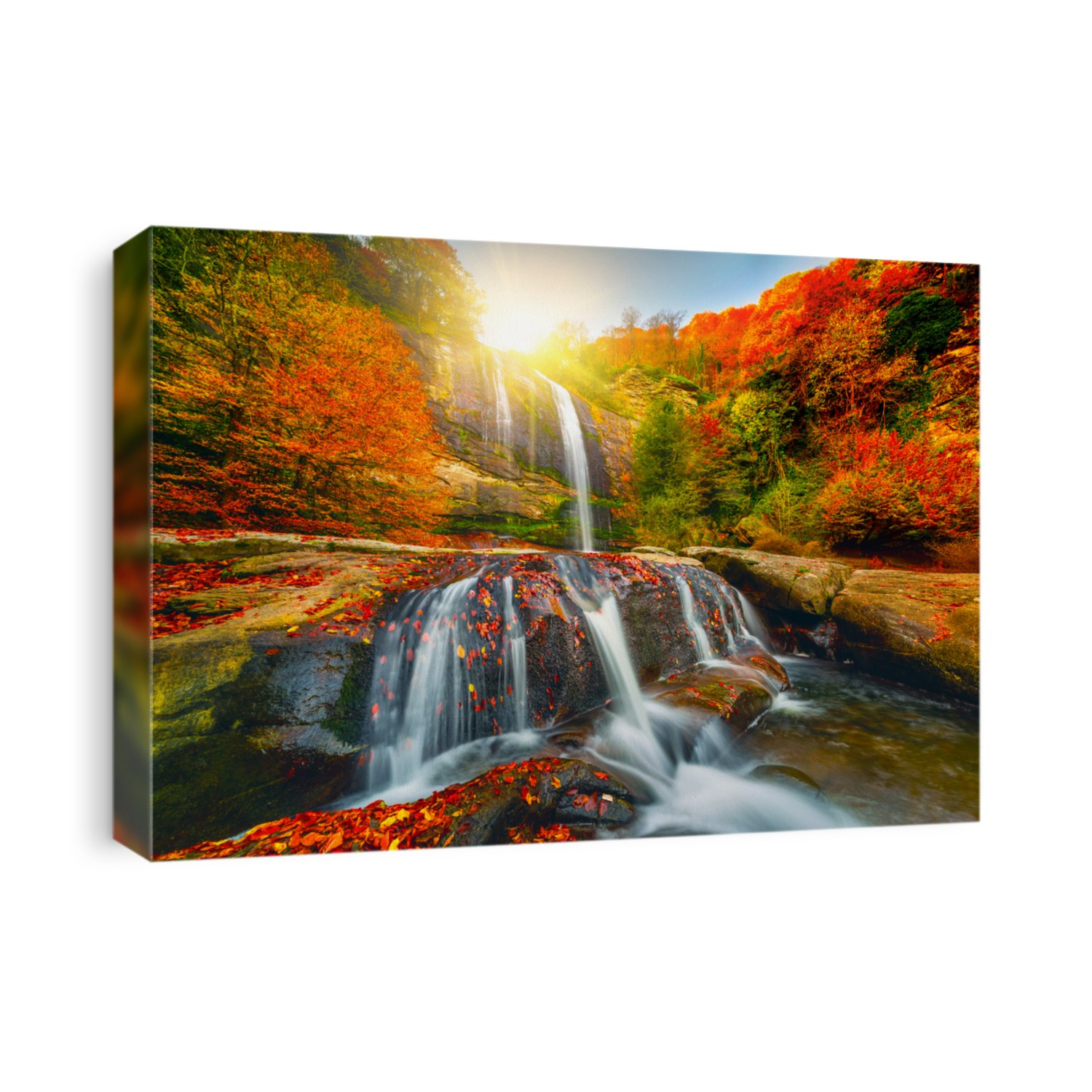 Waterfall view in the forest that contains all the colors of autumn. Waterfall in autumn colors. Uludag Suuctu waterfall national park, Bursa.