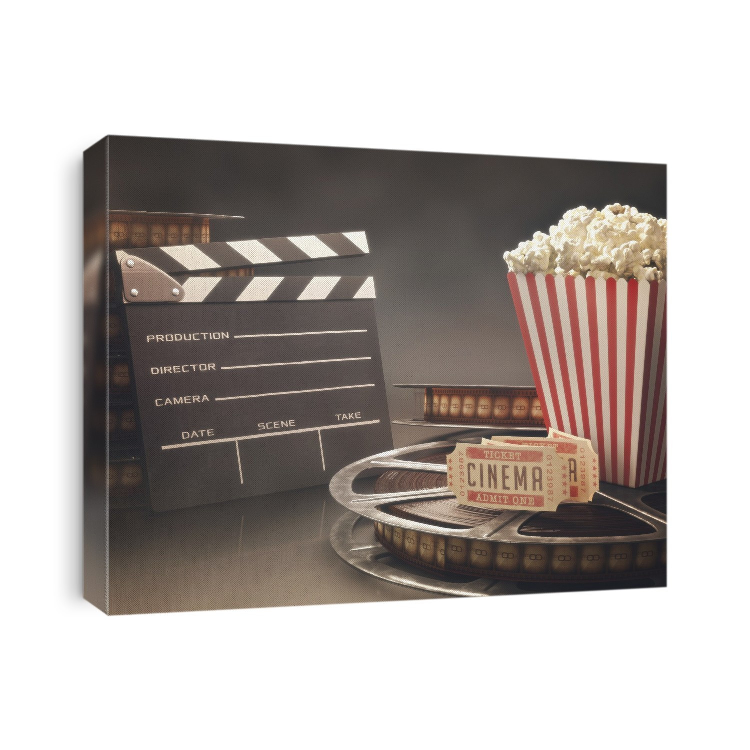 Clapperboard, popcorn, cinema tickets and a movie reel, computer illustration.