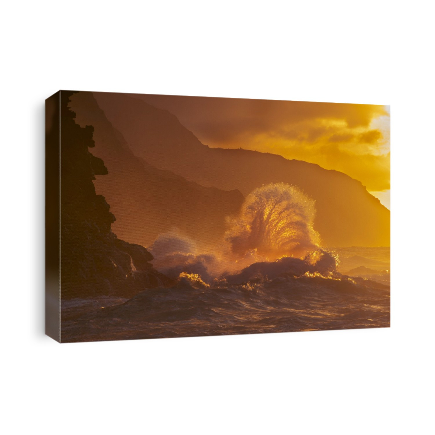 Surf Crashes On The Na Pali Coast At Sunset; Kauai, Hawaii, United States Of America