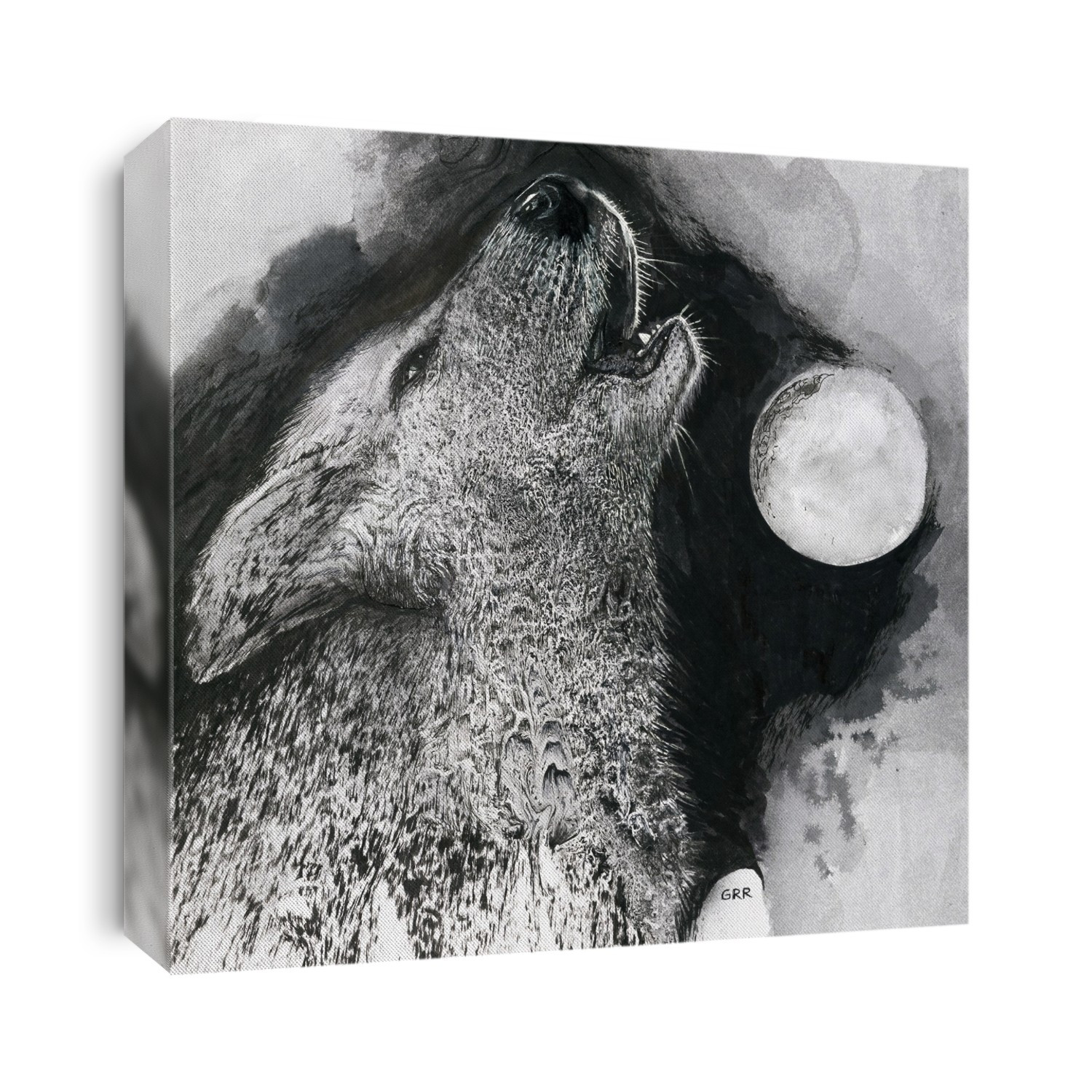 Black And White Illustration Of A Wolf Howling And A Full Moon; Illustration
