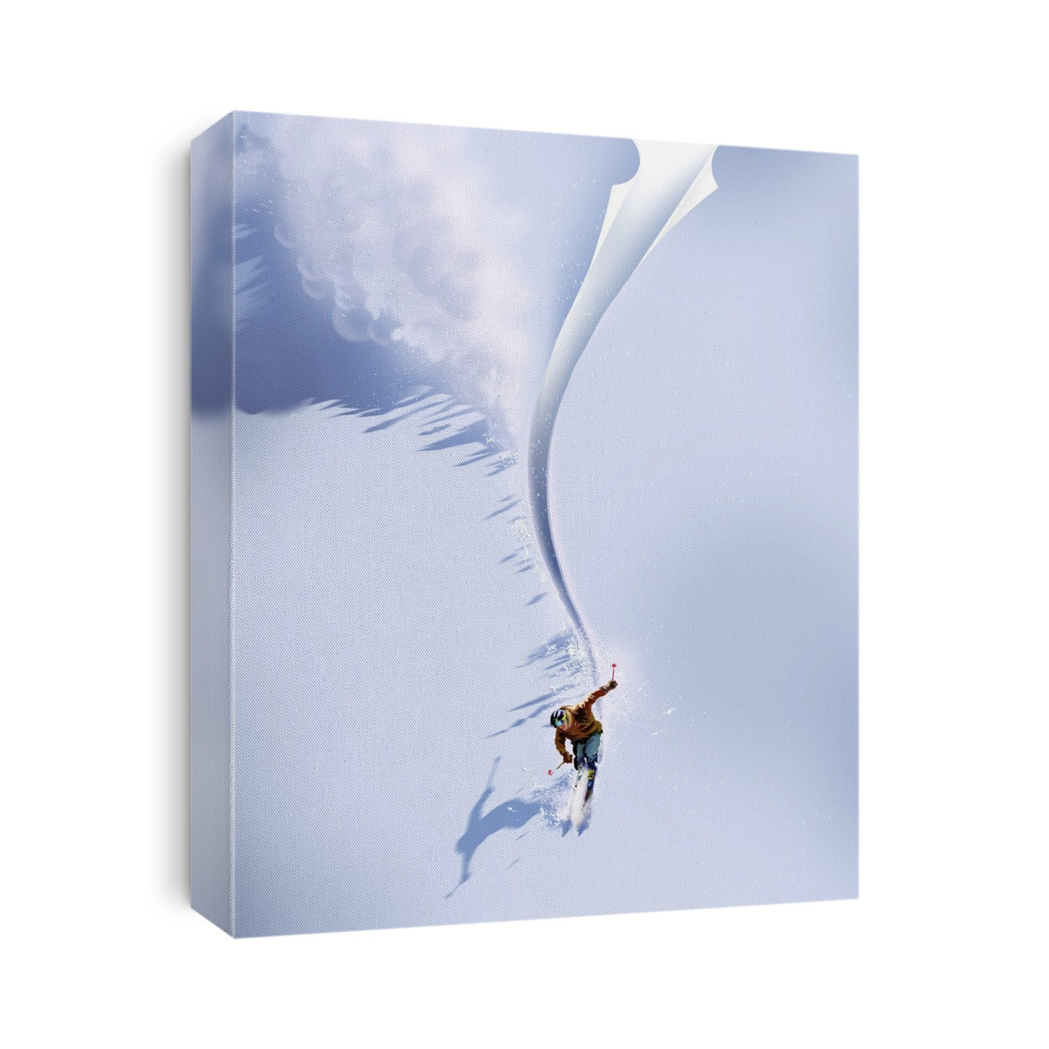 Skiing. Conceptual image of a skier slicing through a sheet of paper, showing the contrast between the avalanching snow on one side of their path and the undisturbed snow on the other side.