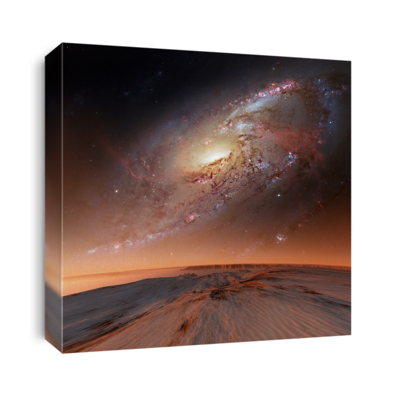 Alien planet and galaxy. Computer illustration of a view across the frozen surface of an alien planet towards a spiral galaxy over the horizon.