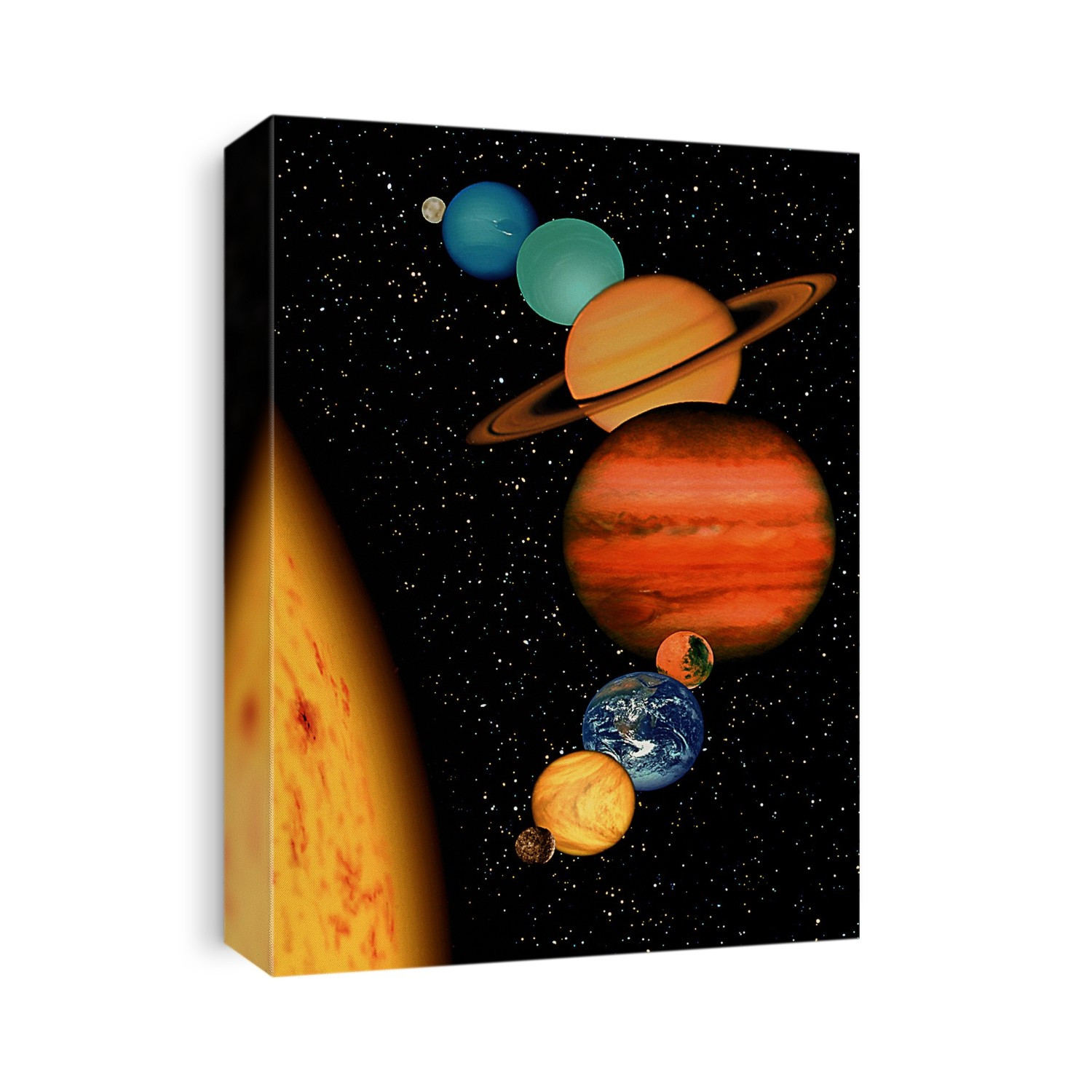The Solar System. Computer composite image of the nine planets of the solar system. The planets are (bottom to top): Mercury, Venus, Earth, Mars, Jupiter, Saturn, Uranus, Neptune and Pluto (a Dwarf planet). A representation of the Sun is at lower left. Most of the planetary images come from data gathered by NASA spacecraft.