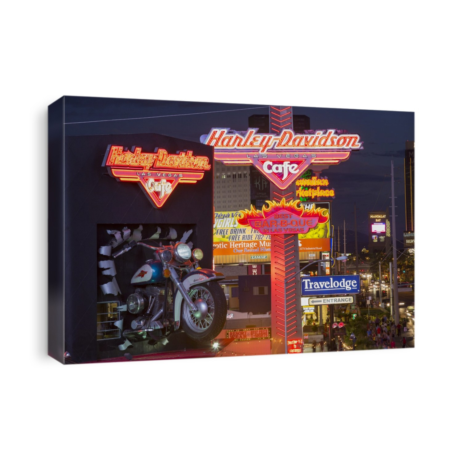 The Harley Davidson Cafe on Las Vegas boulevard at dusk, Las Vegas, Nevada, USA, probably the most unsustainable city in the world, it uses vast quantities of water in the middle of a desert and vast amounts of energy to power this most profligate of cities.