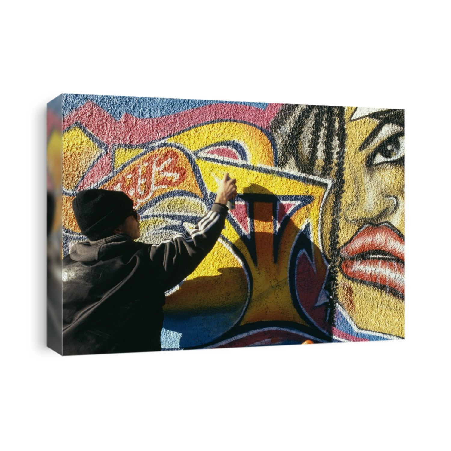 Graffiti. Youth using an aerosol- spray paint can to paint a design (graffiti) on a wall. Graffiti is often seen as mindless vandalism, but also serves as a social voice for the perceived ills of the disaffected youth.