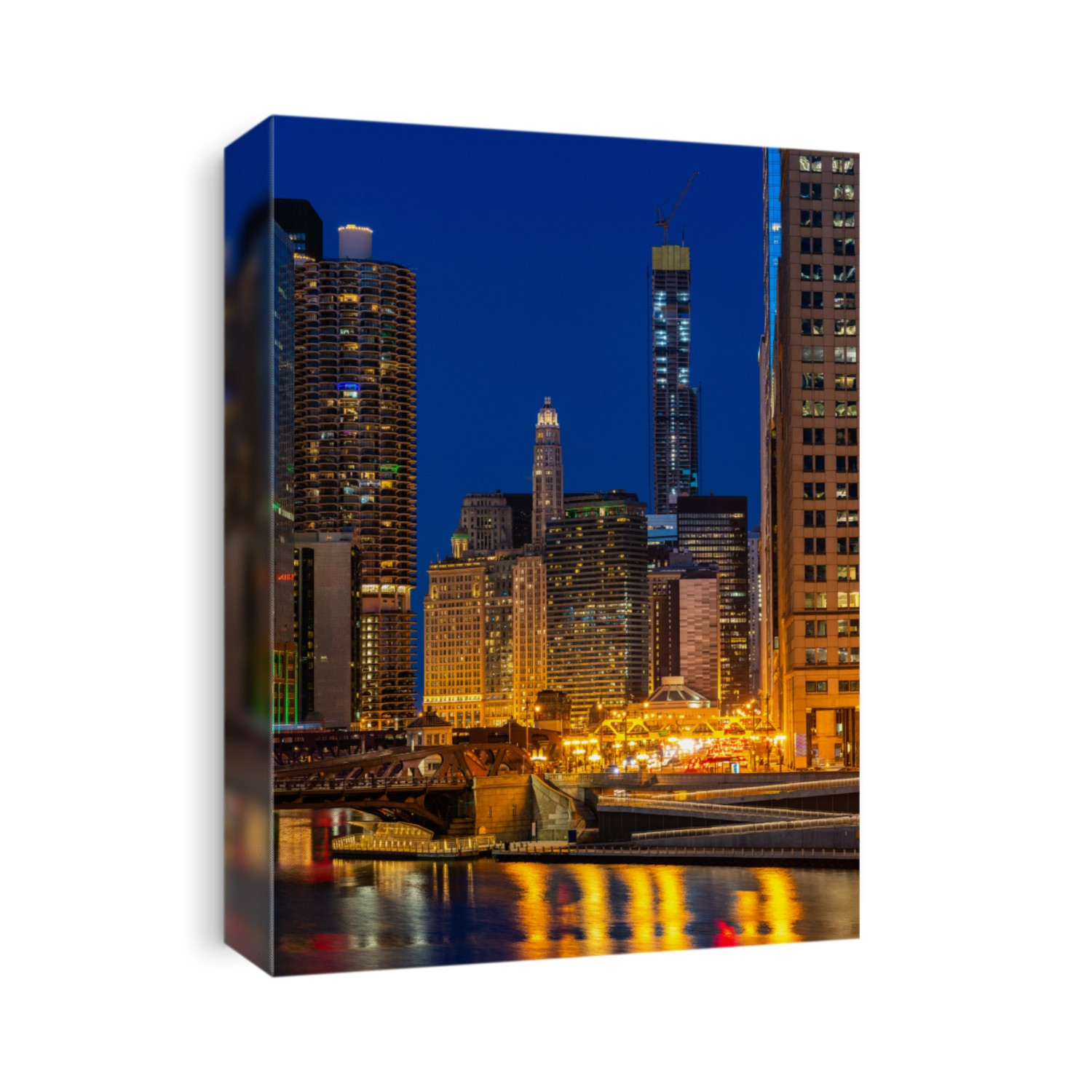 City of Chicago downtown and Chicago River sunset night Illinois USA.