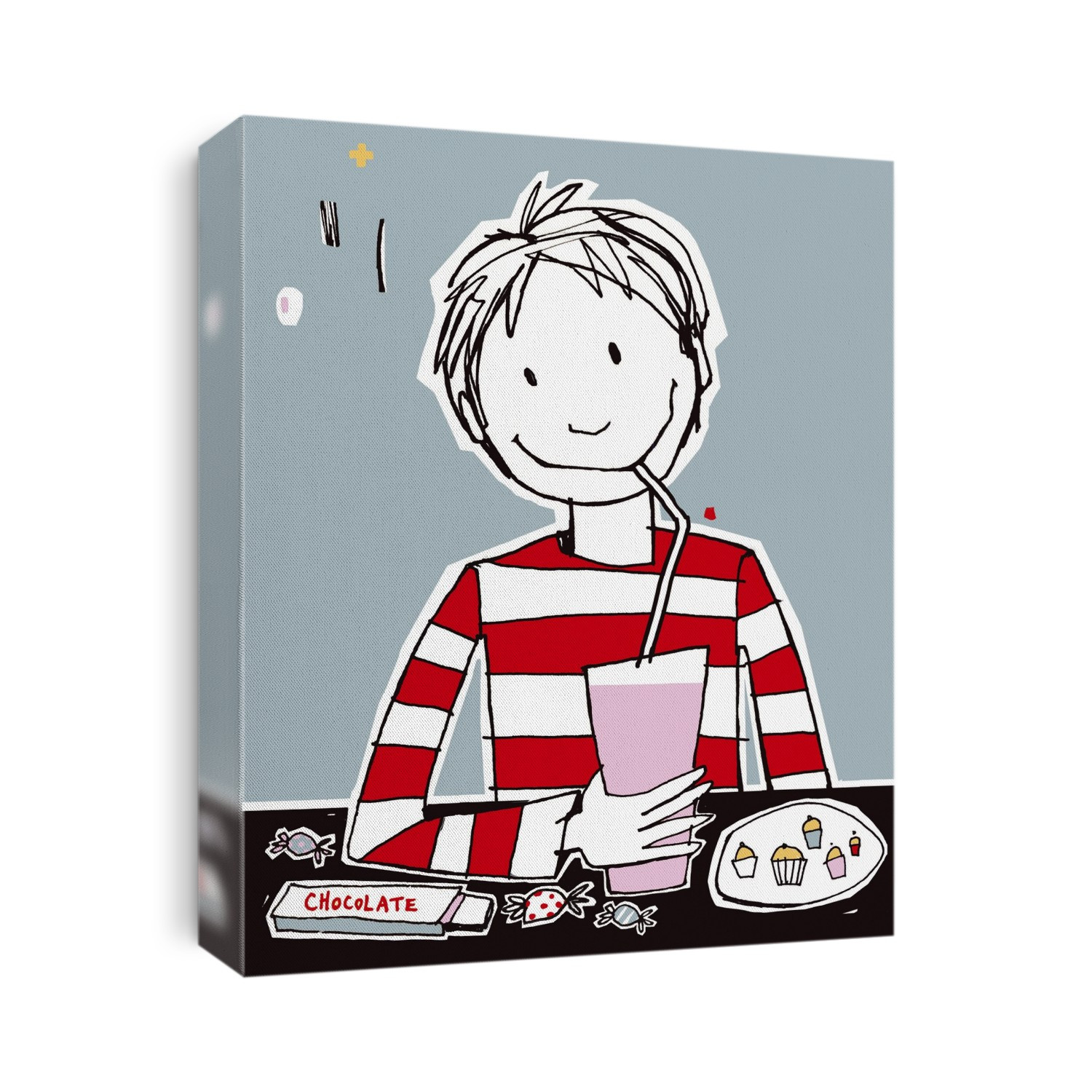 Junkfood, computer artwork. Young boy eating sweets and drinking a milkshake or fizzy drink.