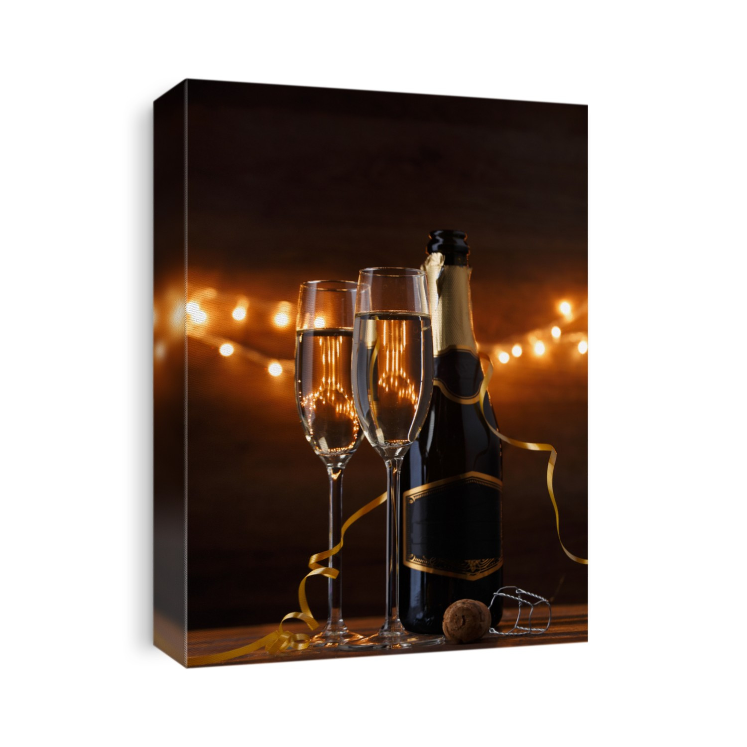 Photo of two wine glasses with wine, bottles, cork, burning garland
