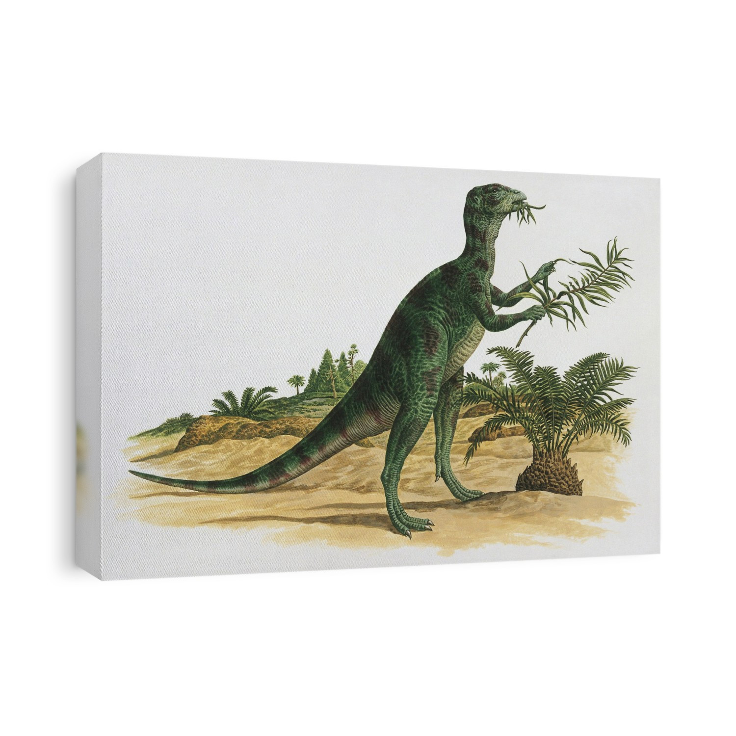 Side profile of an othnielia dinosaur eating leaves.