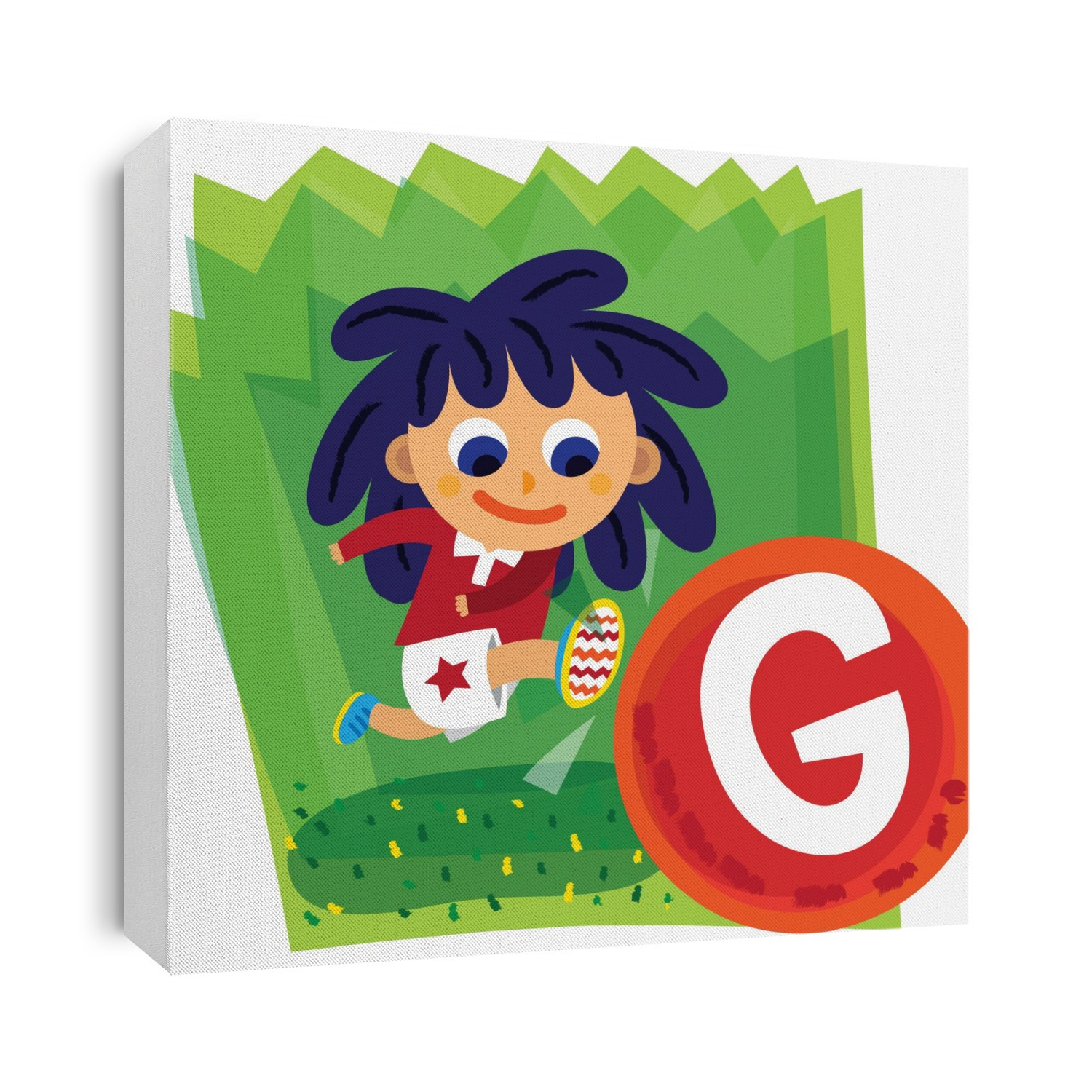 Illustration of girl kicking soccer ball with letter G over white background.