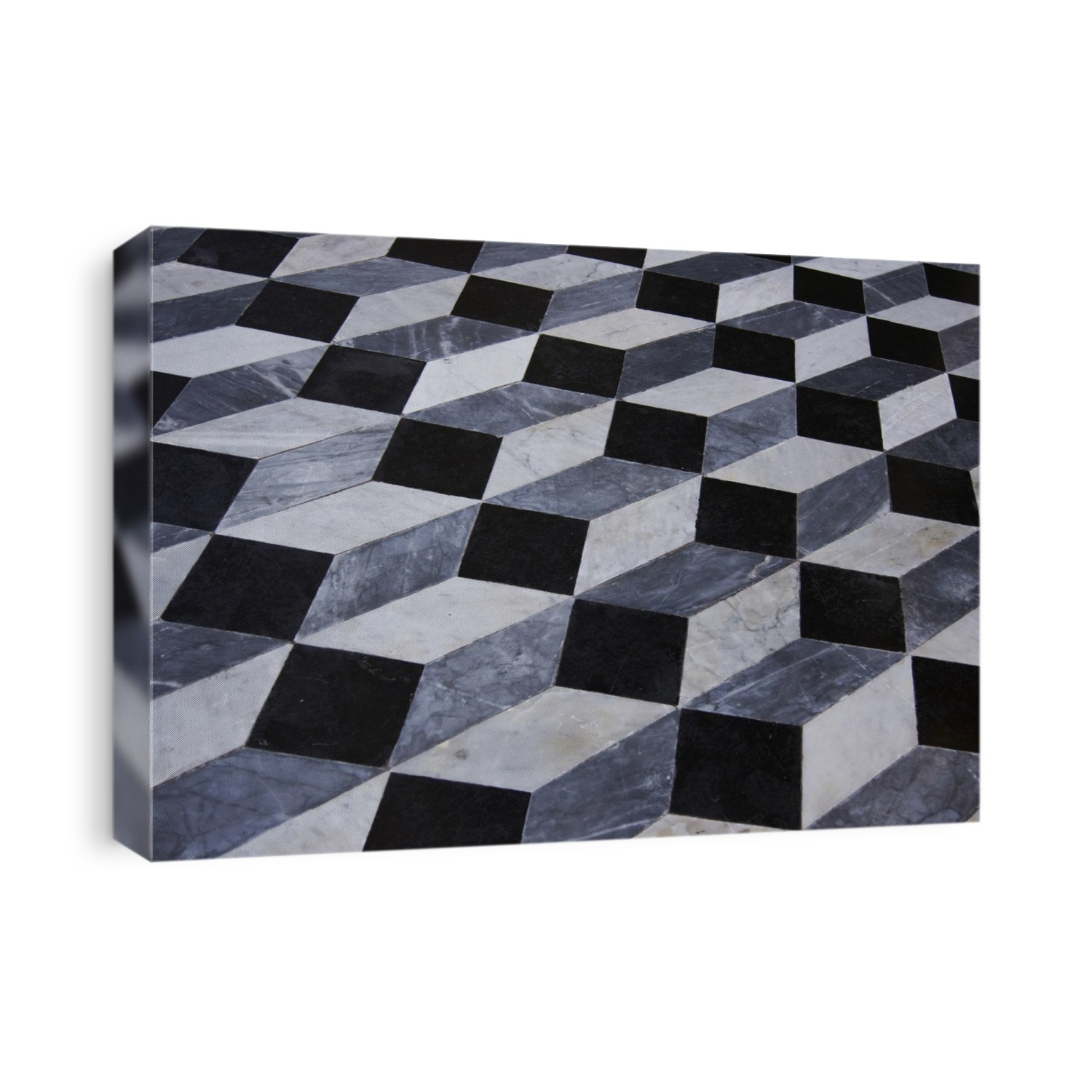 A patterned marble floor in an Italian church that produces a three-dimensional optical illusion of cube-shaped steps.