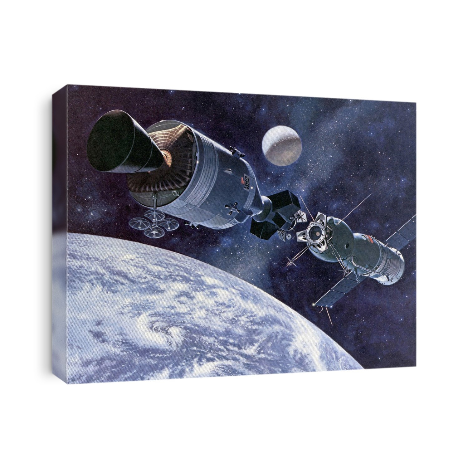 Apollo Soyuz Test Project in orbit. Illustration of the Apollo Soyuz Test Project (ASTP) in orbit over the Earth. The ASTP mission was the first joint international manned space-flight. It took place from 15-24th July 1975. A Russian Soyuz 19 (right) and American Apollo CSM-111 (left) spacecraft docked in orbit on 17th July to test a jointly-designed international docking mechanism.