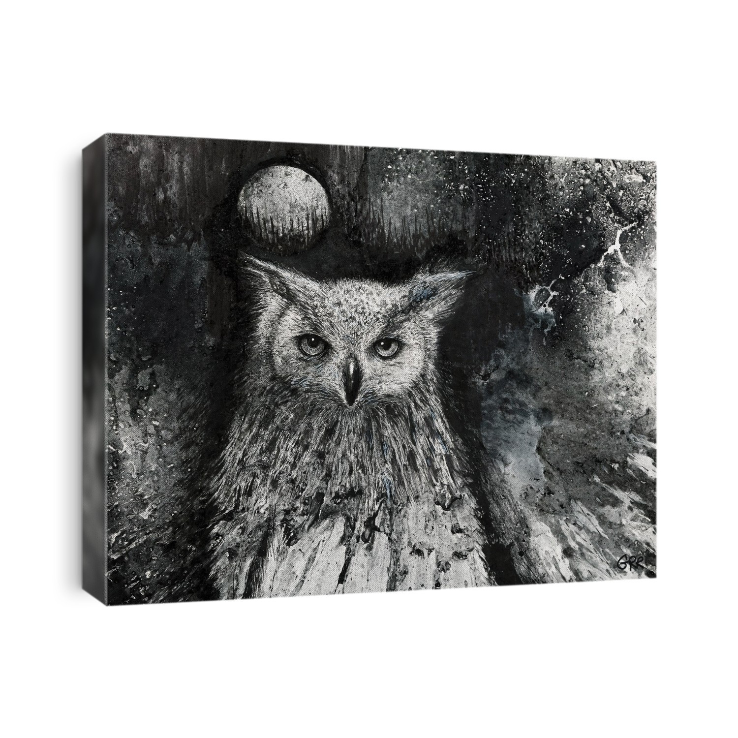 Black And White Illustration Of An Owl And Full Moon In The Night Sky; Illustration