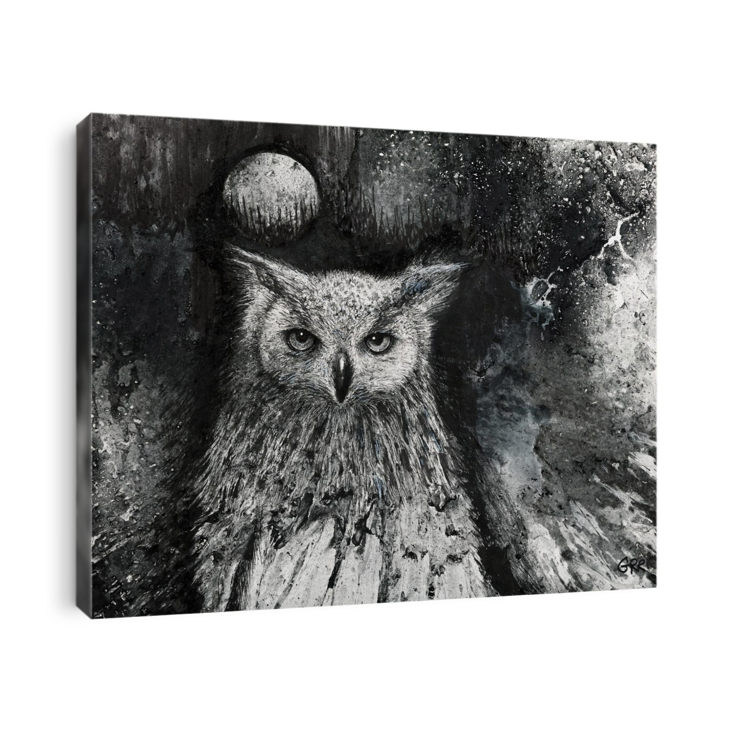 Black And White Illustration Of An Owl And Full Moon In The Night Sky; Illustration