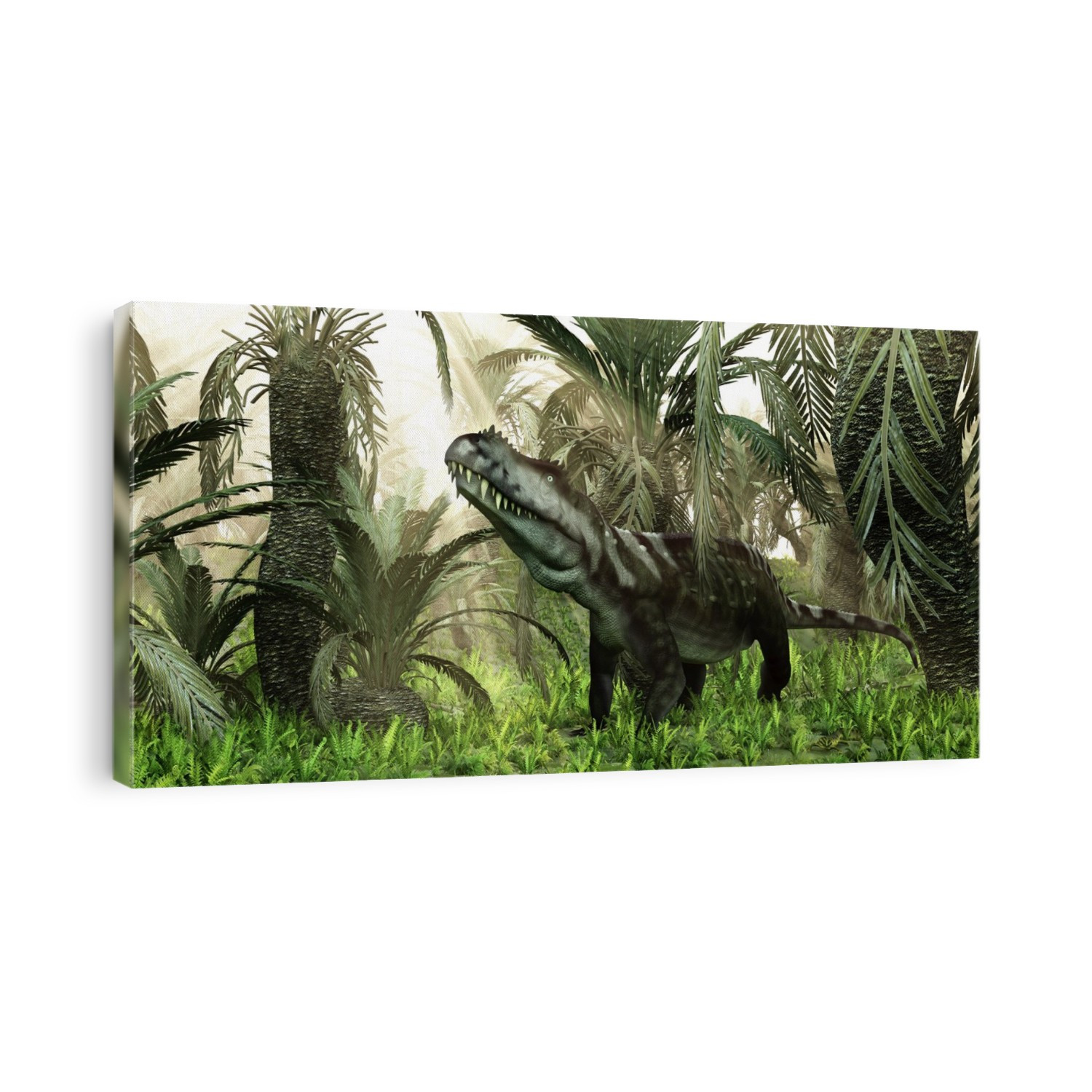 Prestosuchus archosaur. Computer artwork of a 15-foot-long (4.5 metres) Prestosuchus sp. rauisuchian archosaur amidst cycads and ferns in a swamp, 230 millions years ago during the Late Triassic period, in what is now Brazil. With its long powerful legs, sharp teeth and a crocodile-like body, Prestosuchus was probably an ambush predator and fast runner.