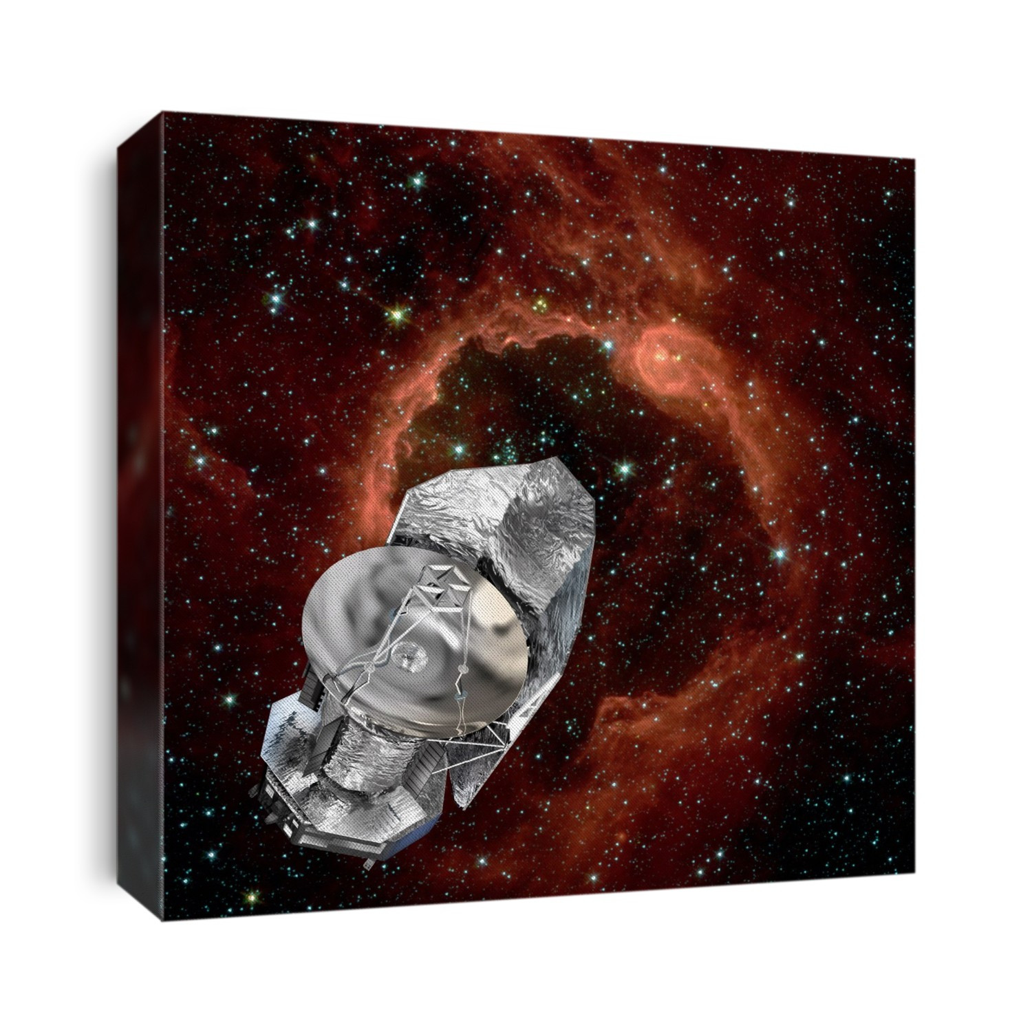 Herschel Space Observatory, with nebulae in the background, artwork. Herschel is one of the largest space telescopes ever launched. It was placed in orbit on 14 May 2009, and then travelled to a point in space 1.5 million kilometres from Earth, called the second Lagrangian point (L2). Its 3.5-metre diameter mirror collects long-wavelength infrared radiation from some of the coolest and most distant objects in the Universe. This enables studies of star formation and the evolution of the galaxies. Herschel is reliant on its helium superfluid coolant, and it is thought that this will boil off by early 2013, bringing observations to an end.