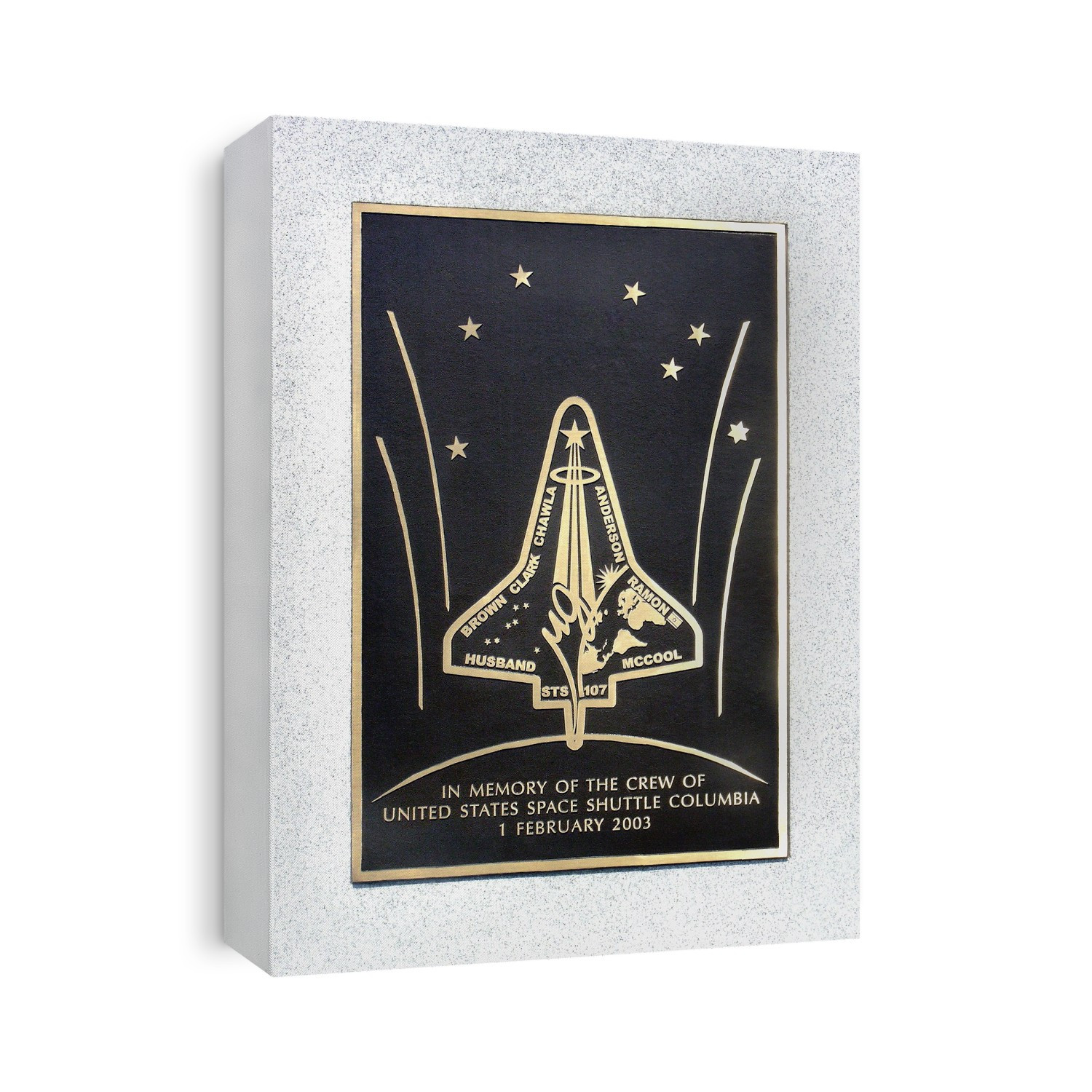 Memorial to Columbia space shuttle disaster, Arlington National Cemetery, Washington D.C., USA. This memorial is for the 7 crew members of the Columbia space shuttle, who were killed in the shuttle's 28th mission when it disintegrated upon re-entry over Texas on 1st February 2003. The crew members were Kalpana Chawla, Laurel Clark, David Brown (mission specialists), Rick Husband (commander), Willie McCool (pilot), Ilan Ramon and Michael Anderson (payload specialists).