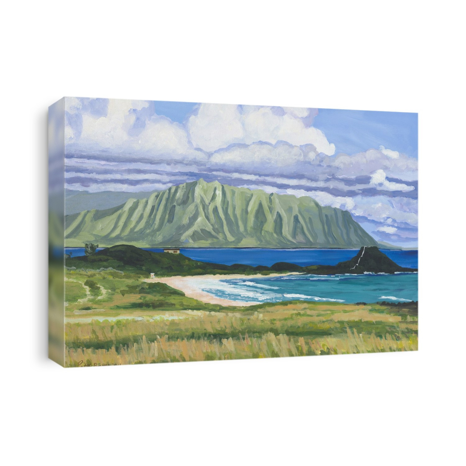 Pyramid Rock, Hawaii, Oahu, Pyramid Rock And Kualoa Point In Background (Acrylic Painting).
