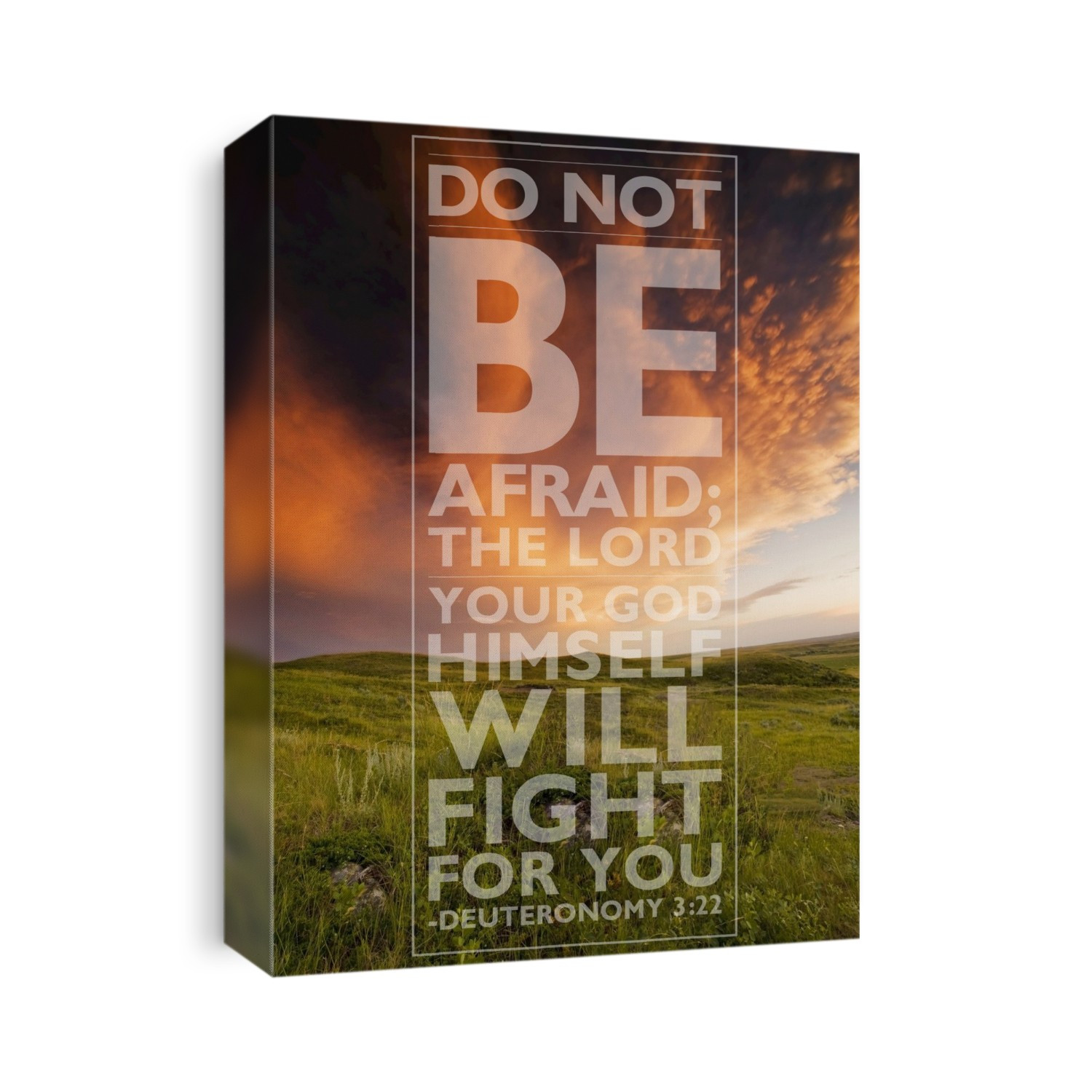 Image Of Red Clouds In The Sky Over A Grass Field And A Scripture From Deuteronomy 3:22