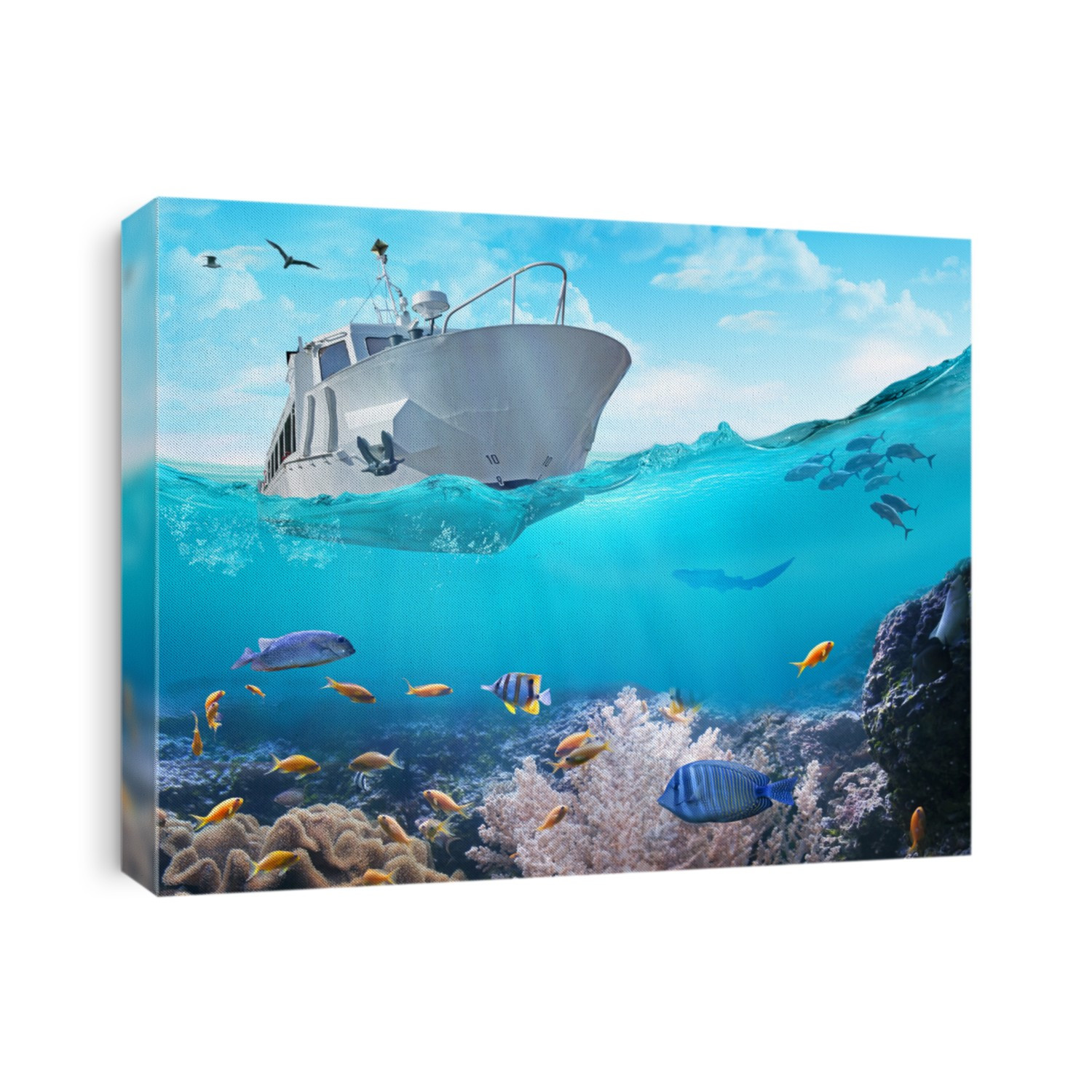 Small fishing boat in the ocean. 3D illustration.