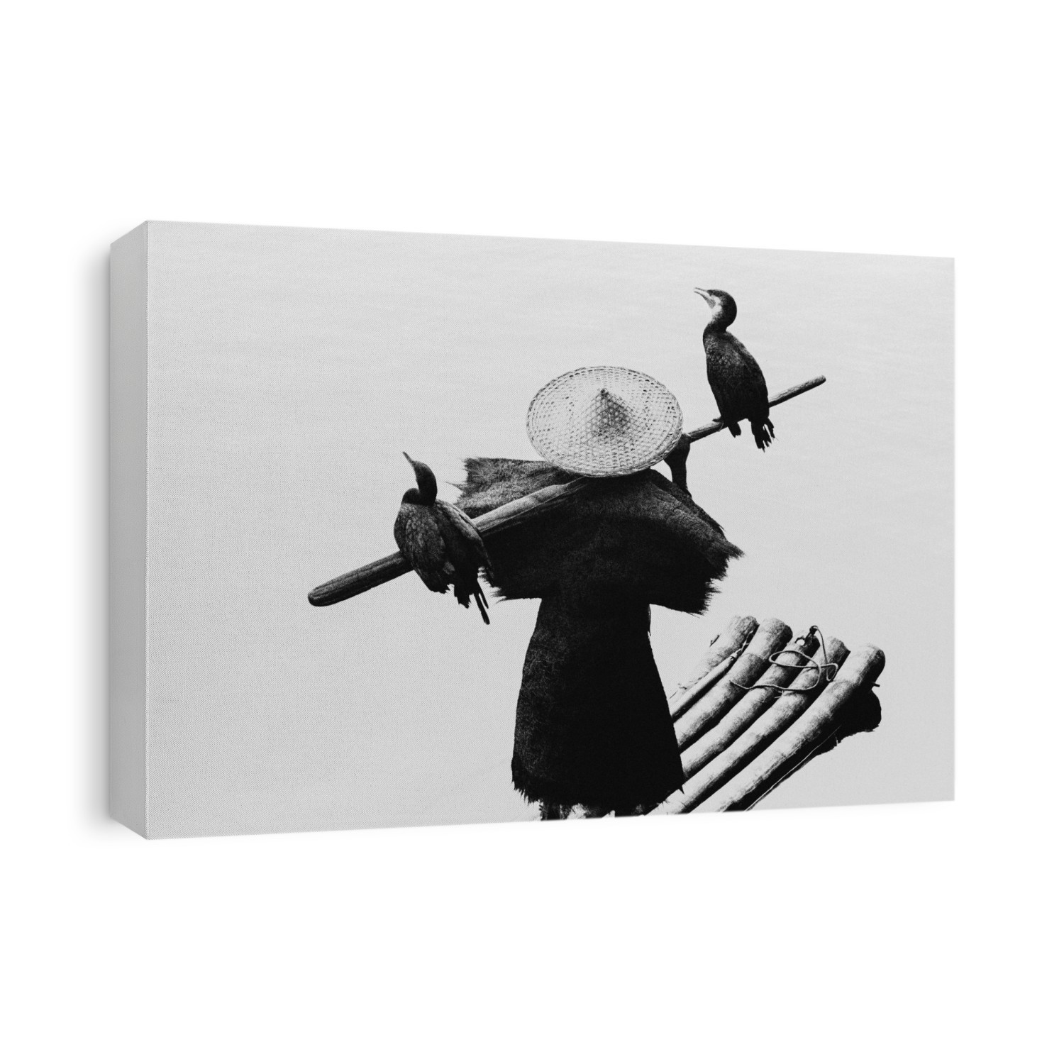 A fisherman stands on a wooden raft on a river with two birds perched on a paddle; China