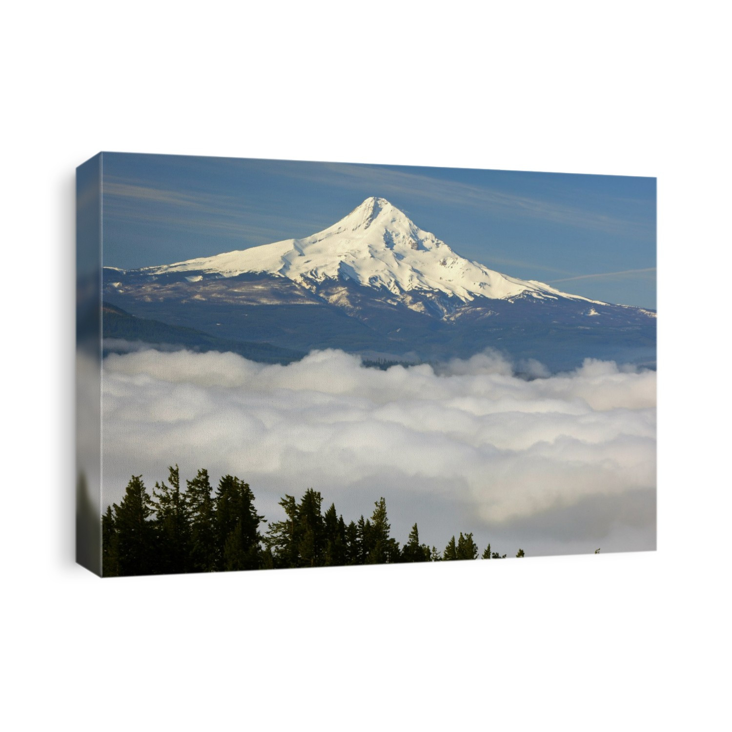 Blue sky highlights the snow-capped Mount Hood and morning fog covering over the Hood River Valley, Oregon, USA; Oregon, United States of America