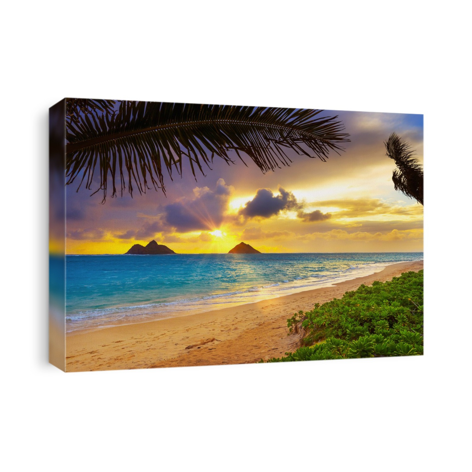 Sunrise viewed from Lanikai Beach with a view of the Mokulua Islands off the coast; Oahu, Hawaii, United States of America