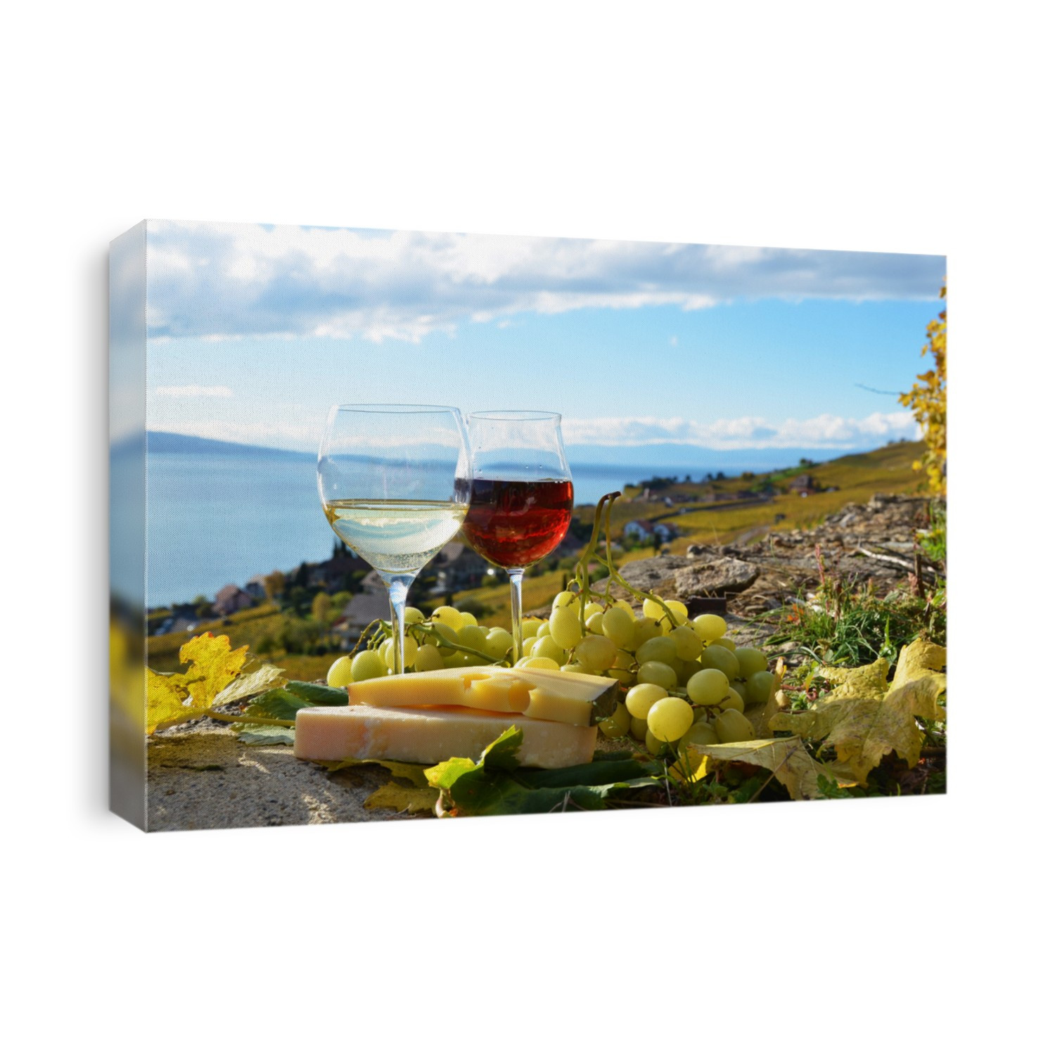 Two wineglasses, cheese and grapes on the terrace of vineyard in Lavaux region, Switzerland
