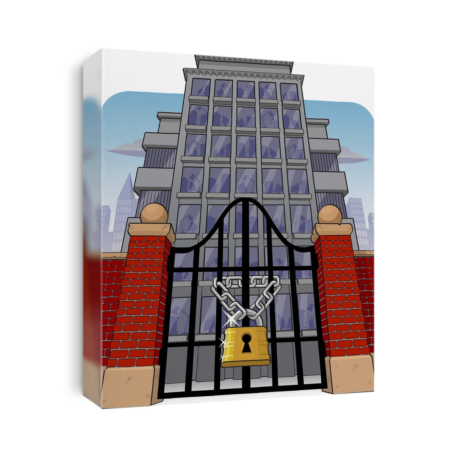 Office building with main gate locked, illustration.