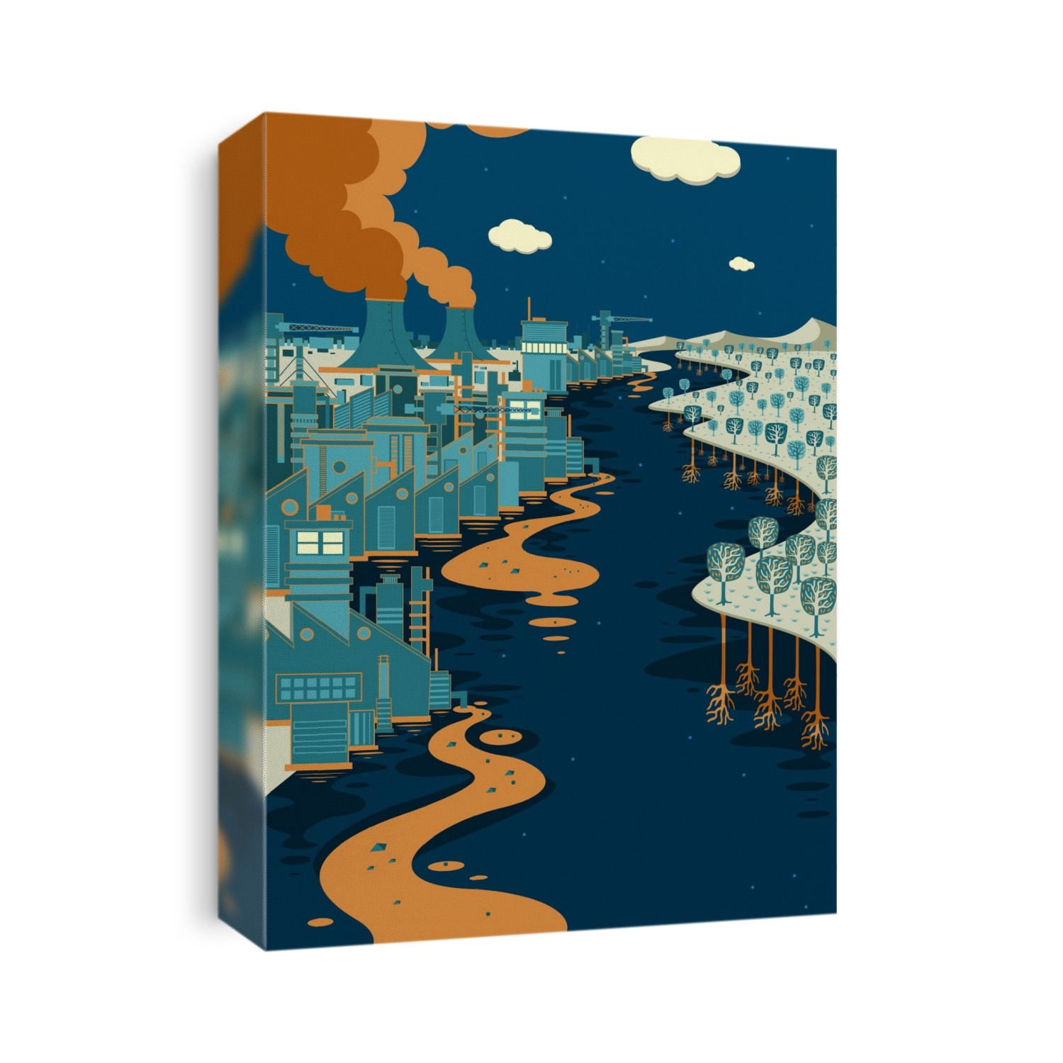 Illustration of polluted water and gas released from chemical industries representing wastage.