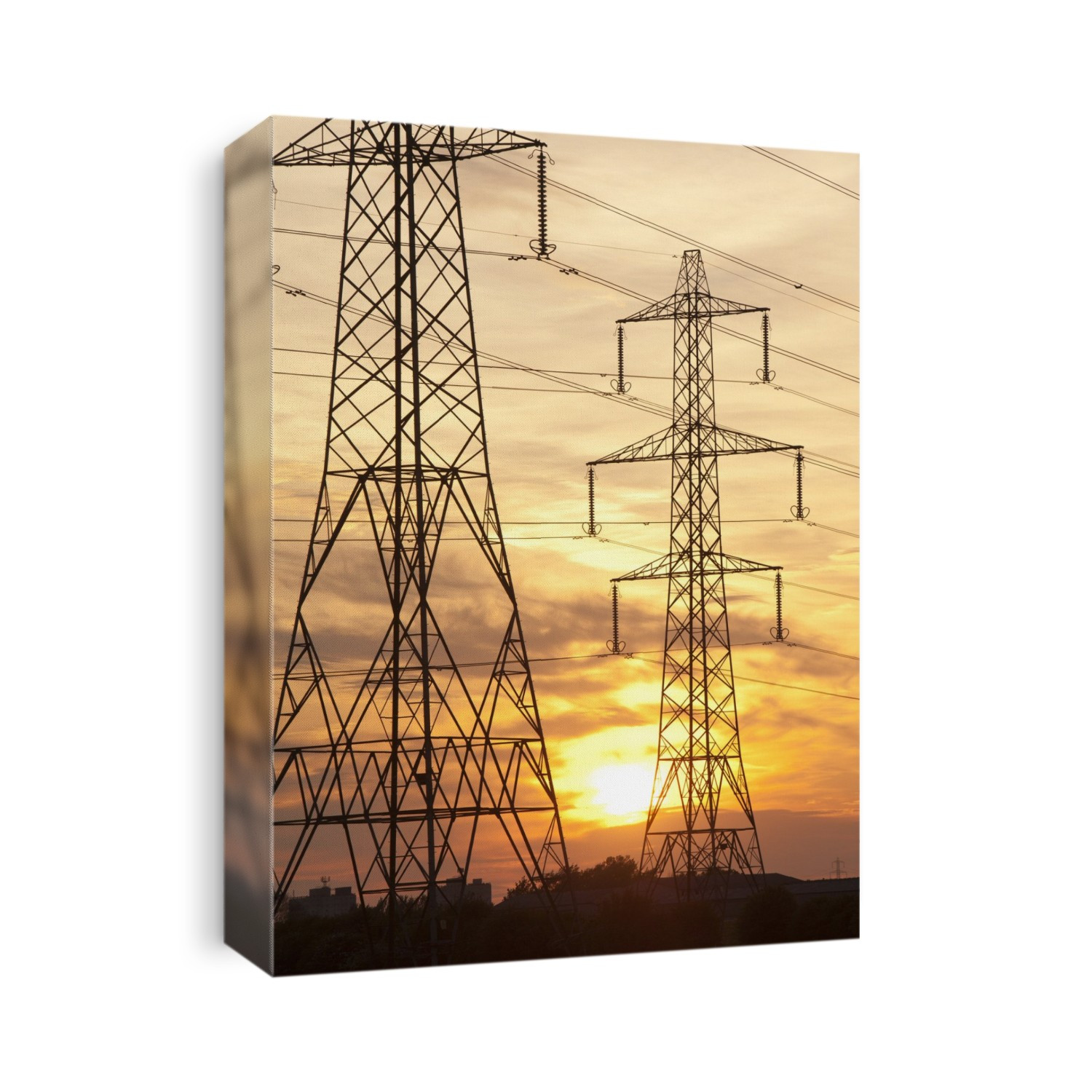 Power lines and pylons at sunset in Billingham, Teeside, UK.