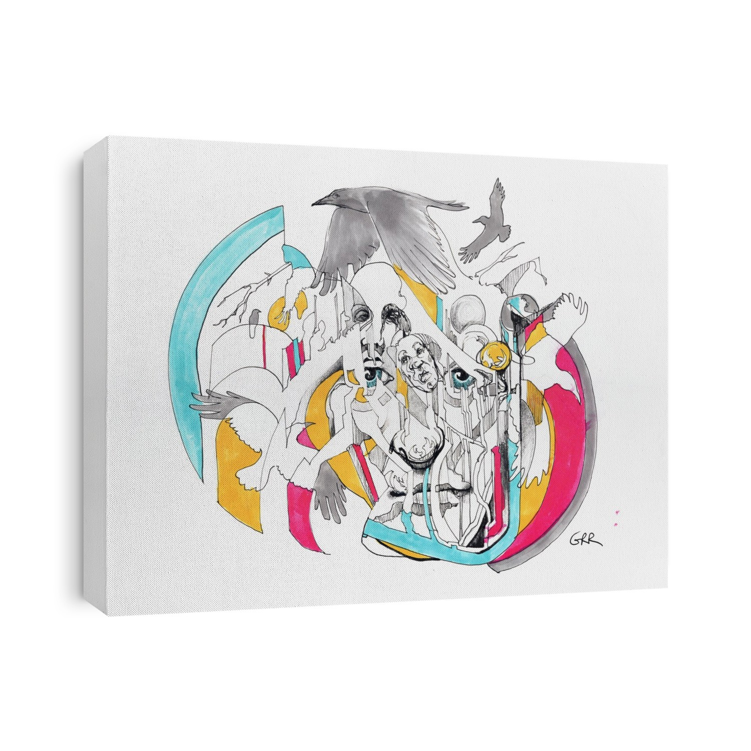 Illustration Of Birds And Human Heads Over A Human Face