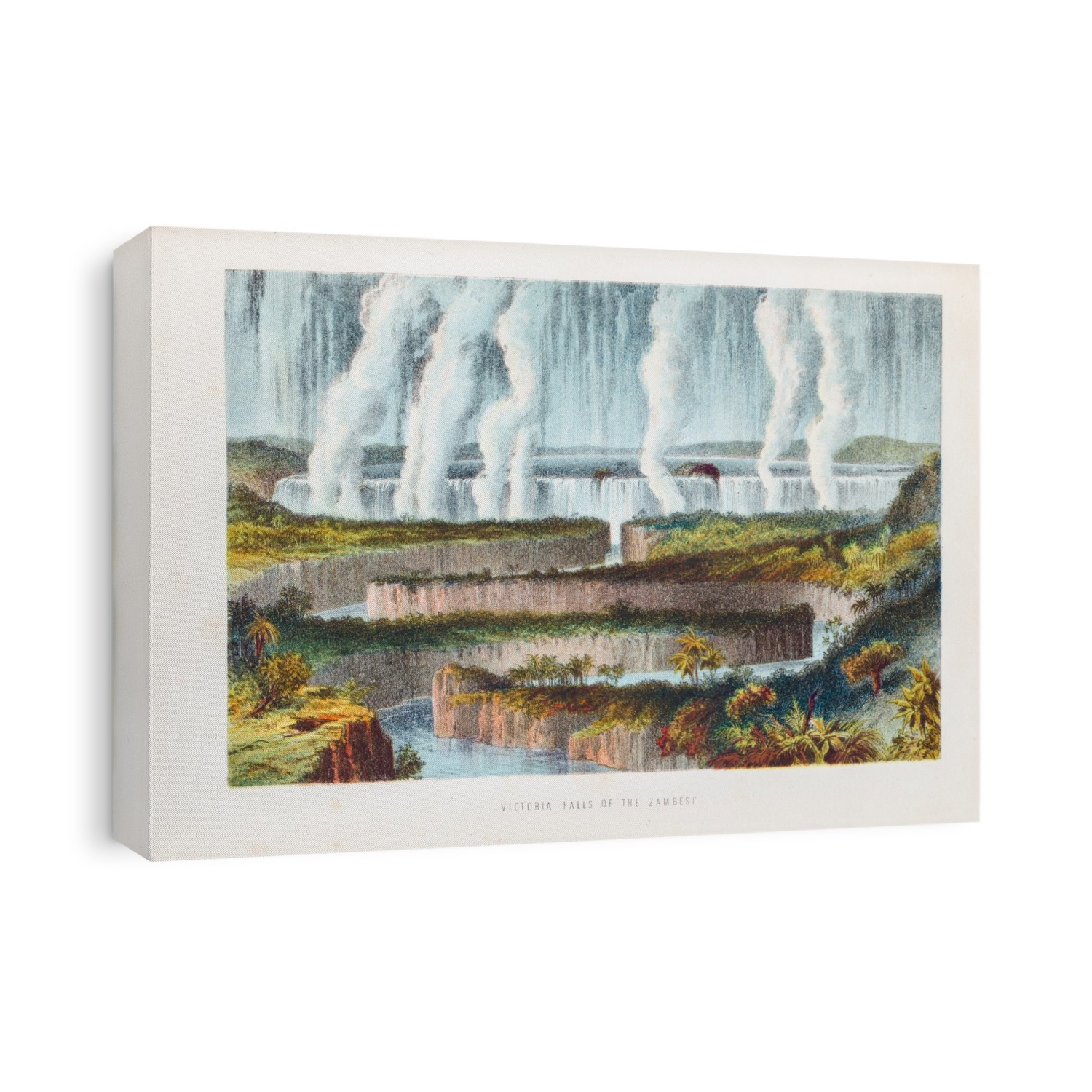 Victoria Falls. Illustration of Victoria Falls on the Zambezi River in southern Africa, reached by British missionary and explorer David Livingstone (1813-1873) in 1855. This waterfall, one of the world's largest, is 1708 metres wide and 108 metres tall. Over 1000 cubic metres per second flows over them, with spray and mist rising high into the air. Its local name is Mosi-oa-Tunya ('the Smoke that Thunders'). In the foreground are the series of zigzagging gorges that formed downstream of the falls as sandstone-filled cracks eroded from harder basalt rock. Artwork from 'The Life and Explorations of Dr Livingstone', first published in around 1870.