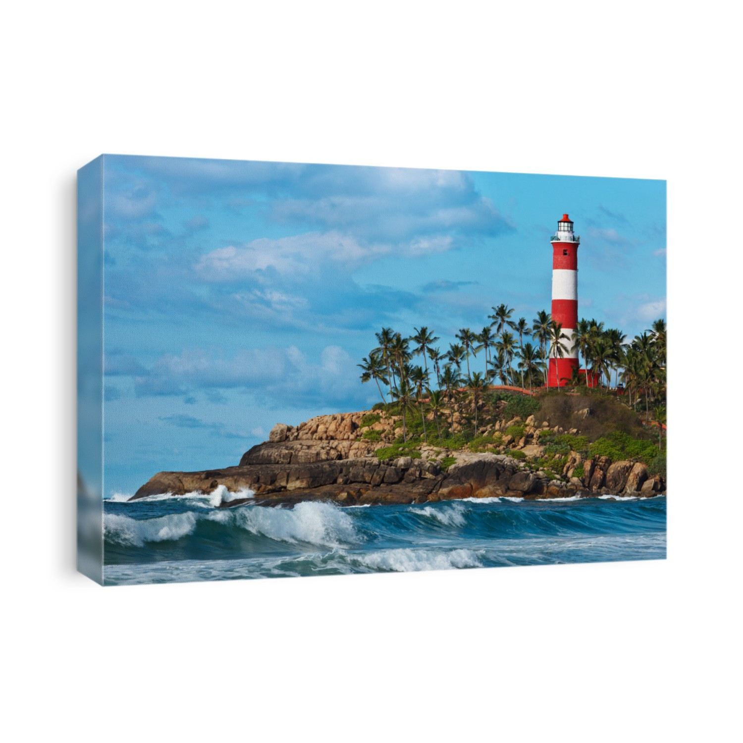 Lighthouse on rocky cliff and sea with waves