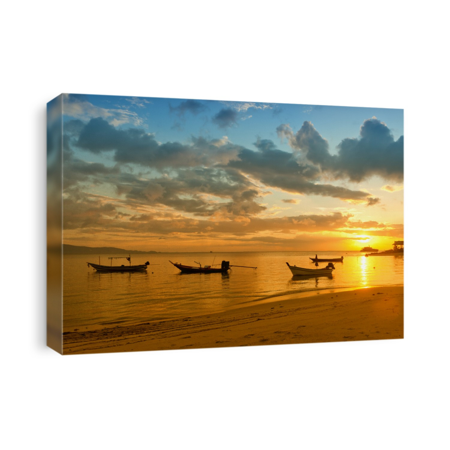 A beautiful landscape, sunset at sea and fishing boats