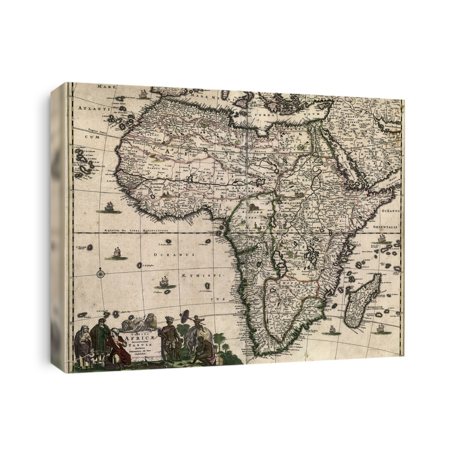 Map of Africa. 17th-century map of the continent of Africa, produced in Amsterdam in 1688 by Dutch cartographer Frederick de Wit (c.1629-1706). The map is titled in Latin at bottom left: 'Totius Africae accuratissima tabula'. Ethnographic illustrations of indigenous peoples and animals adorn the title. Much of the coast of Africa was mapped by Portuguese navigators on their voyages of discovery in the 15th and 16th centuries. Much of the interior was still unknown and incorrectly mapped. The southern Atlantic Ocean is named 'Oceanus Aethiopicus' (Ethiopian Ocean). The Indian Ocean is named 'Oceanus Orientalis' (the Eastern Ocean).