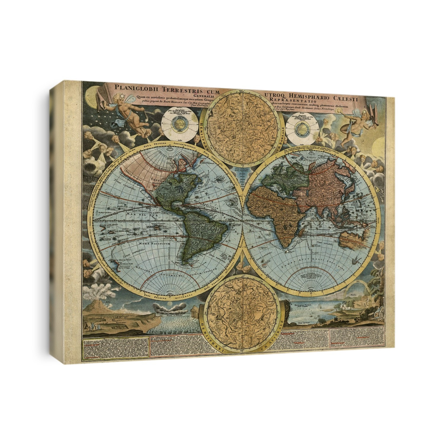 World map. 18th century German map showing the Old (right) and New (left) world hemispheres, and celestial maps of the stars of the northern (upper) and southern (lower) hemispheres. The map is adorned by various cherubic figures and images of different weather phenomena. A picture of Mount Etna erupting is at lower left. Published by German map publisher Johann Baptist Homann in around 1716.